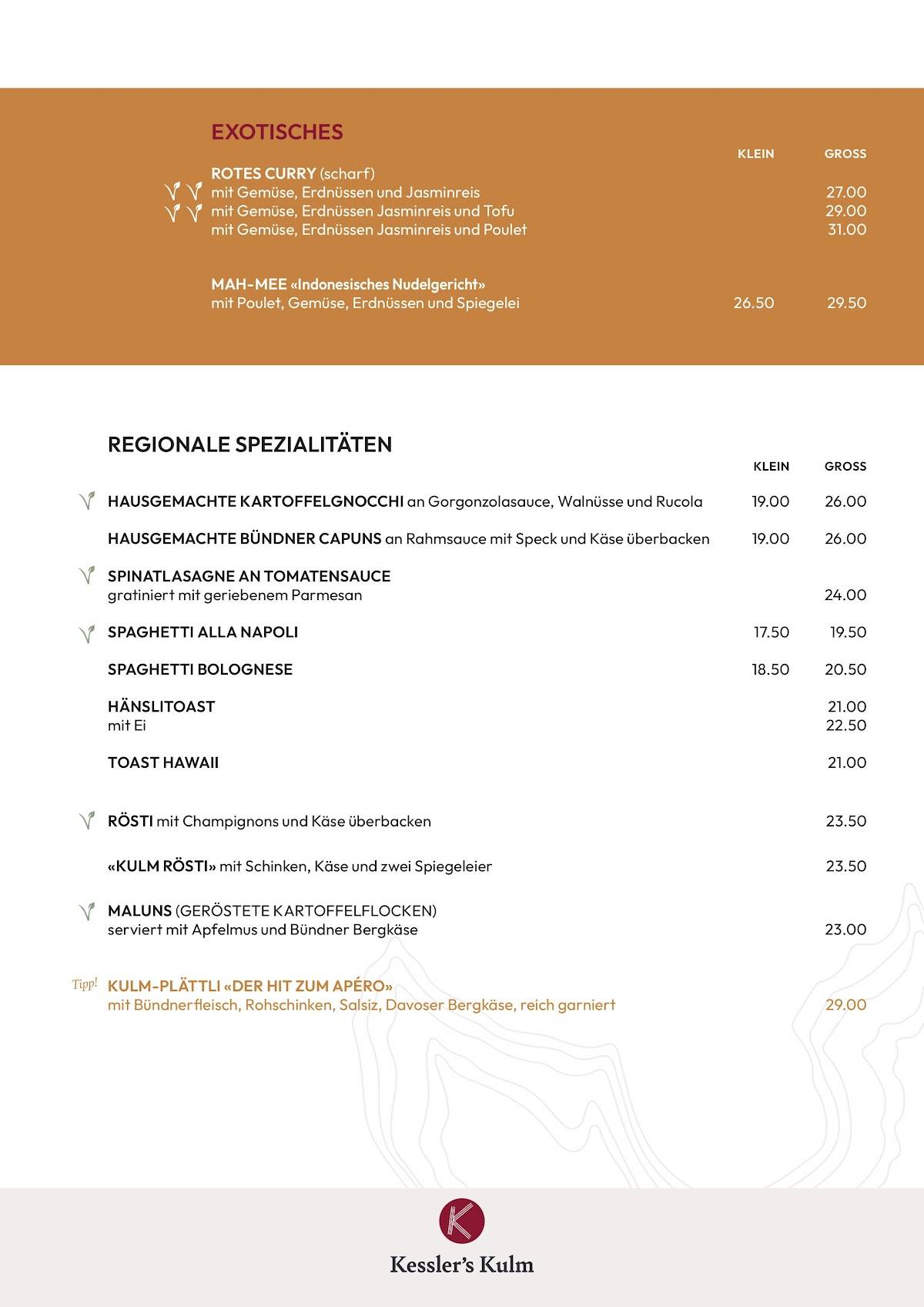 Menu di Kessler's Kulm Hotel / Restaurant 