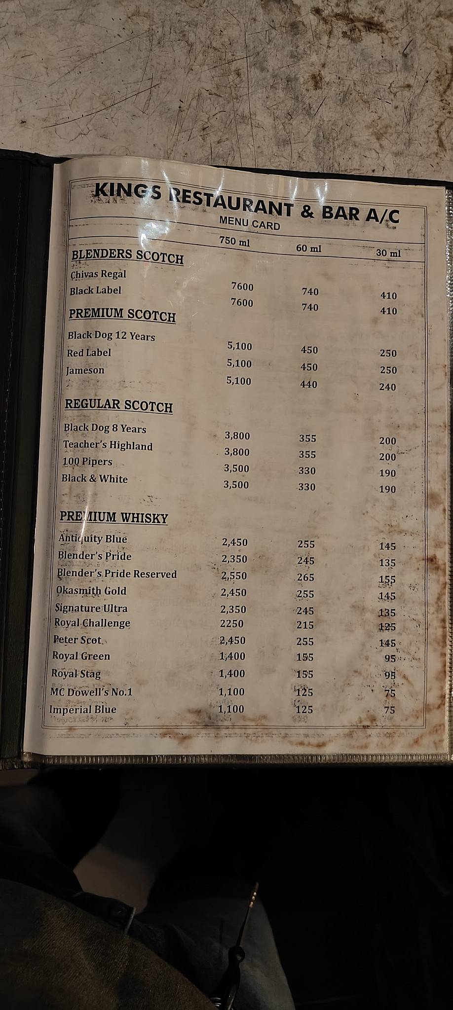 King's Bar menu