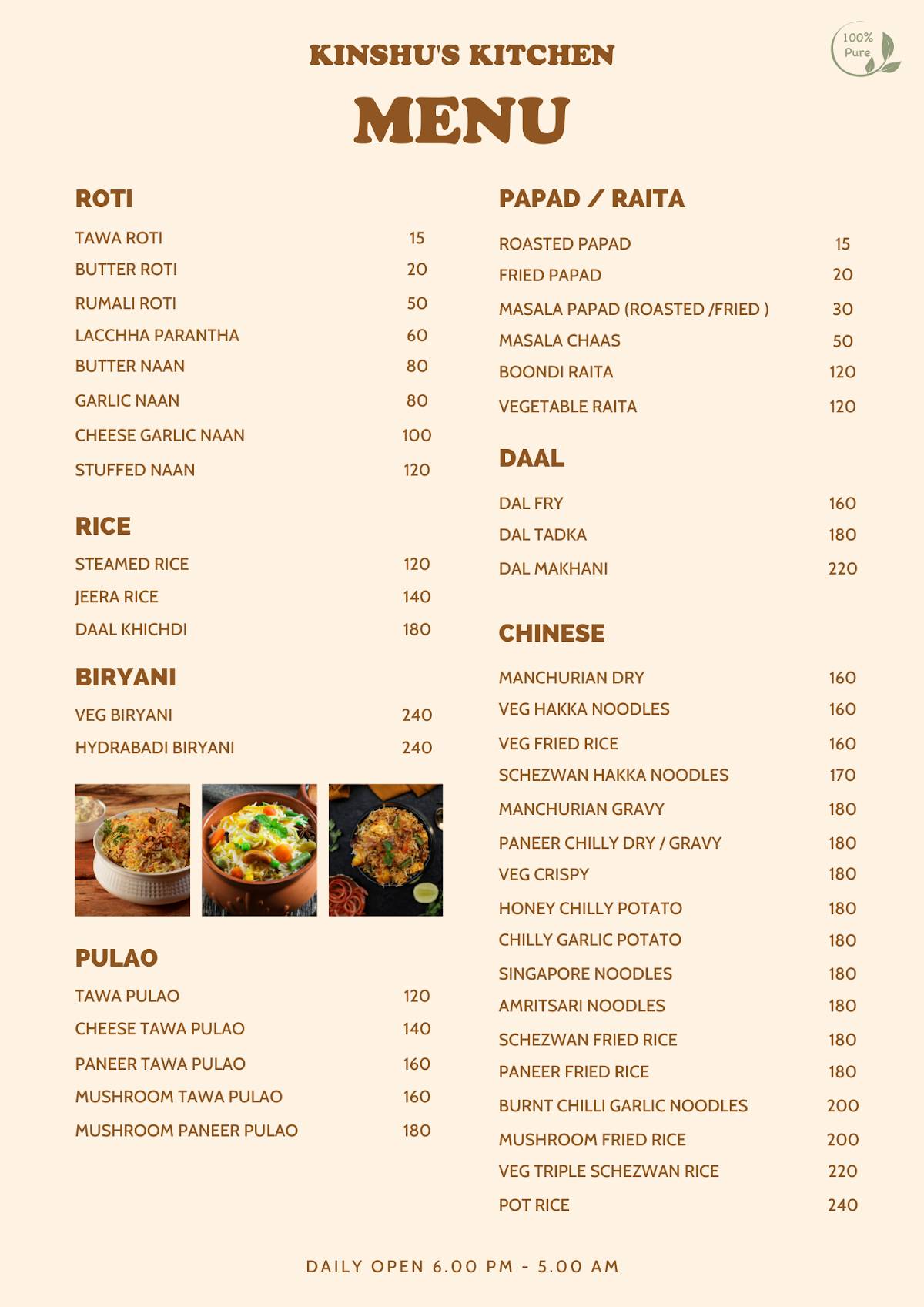 Kinshu's Kitchen Café & Restaurant menu