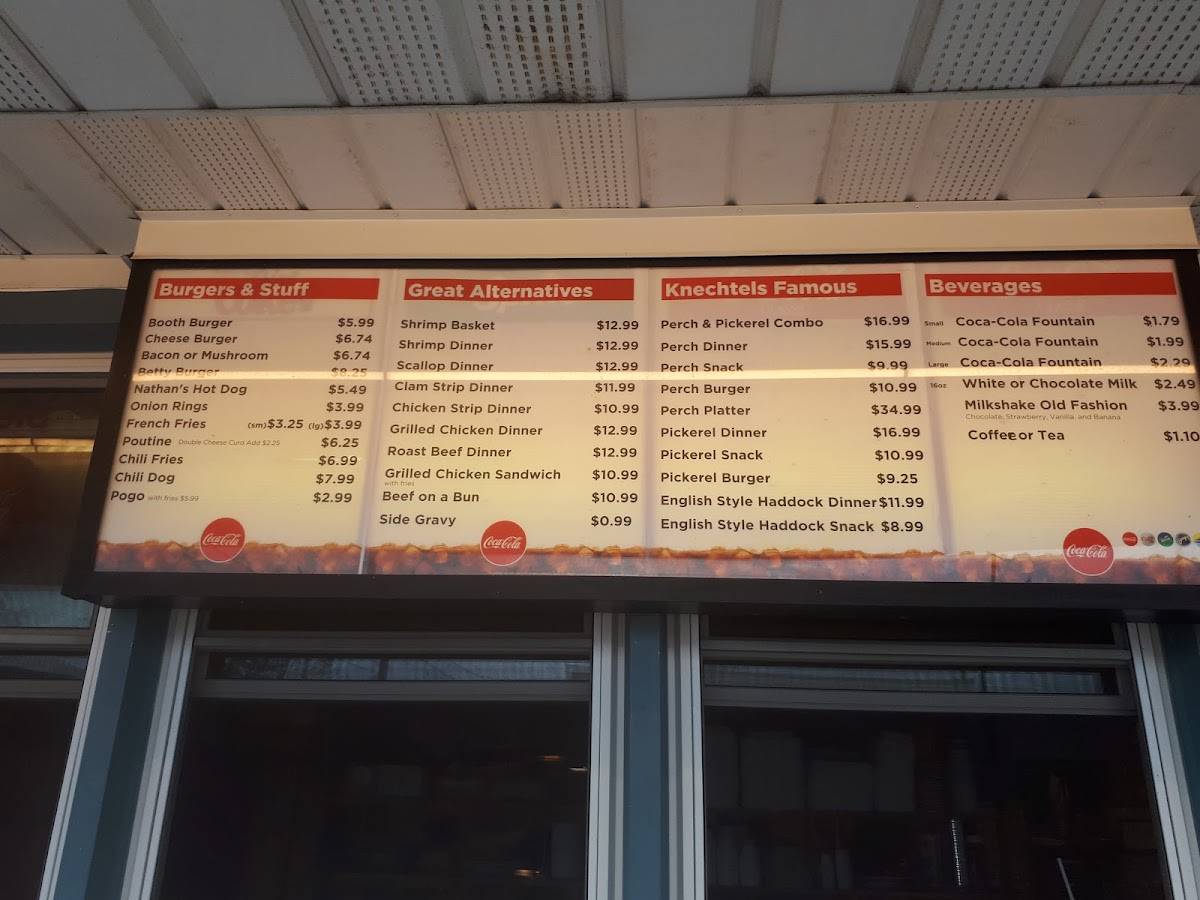 Menu at Knechtel's on the Public Beach, Port Dover