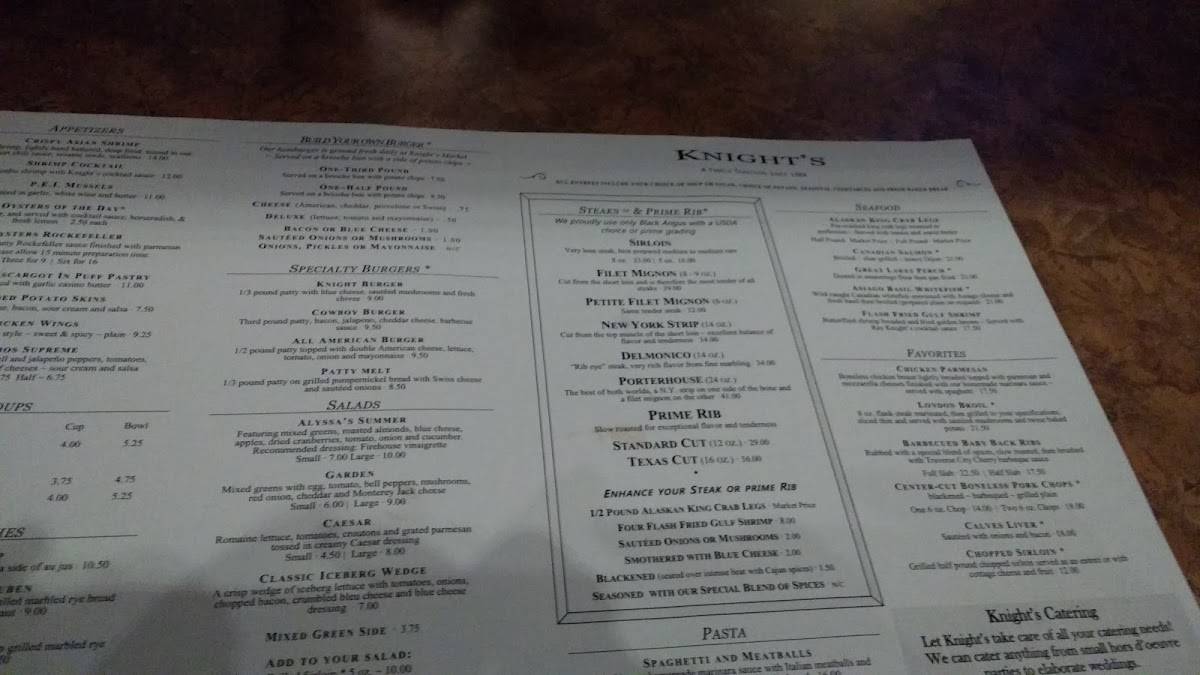 Menu at Knight's Steakhouse, Ann Arbor, Dexter Ave