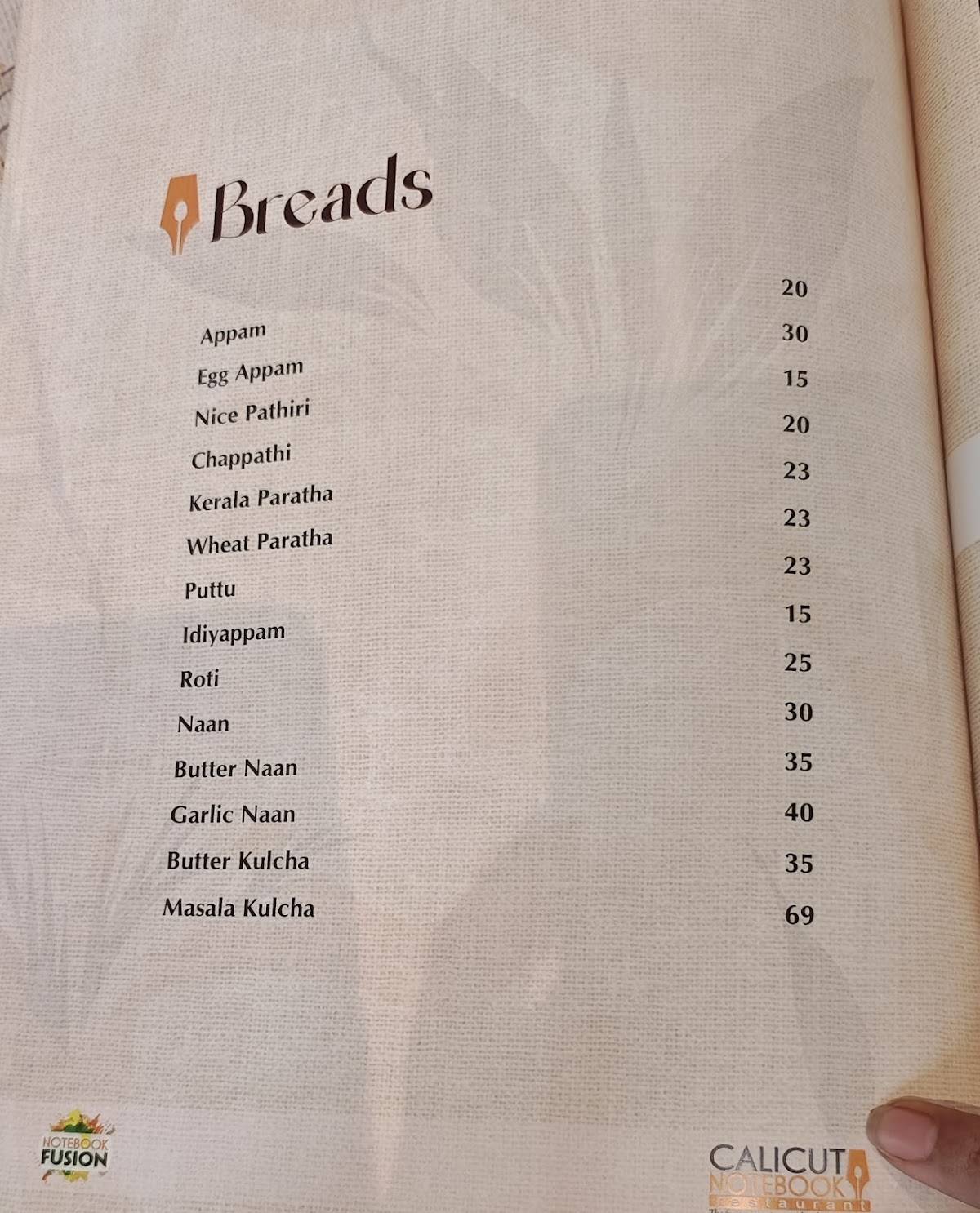 Calicut Notebook Restaurant menu
