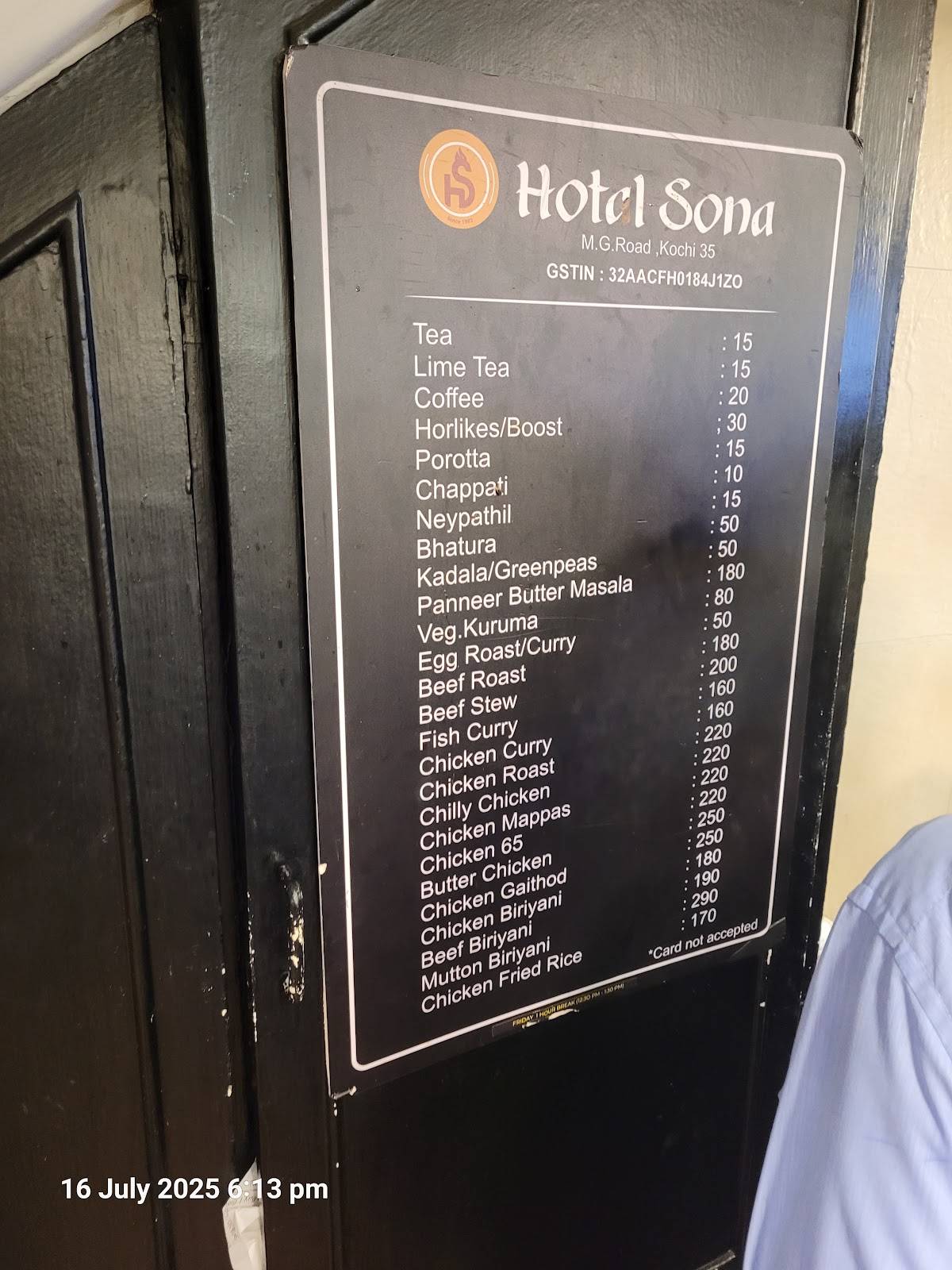 Hotel Sona menu
