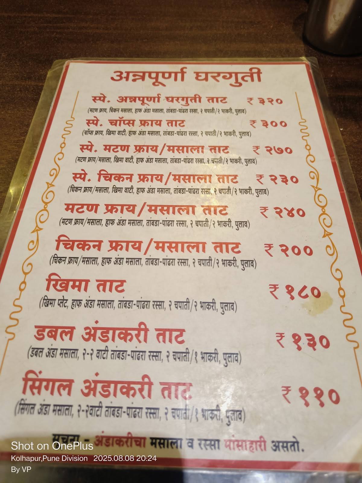 Annapurna Gharguti menu