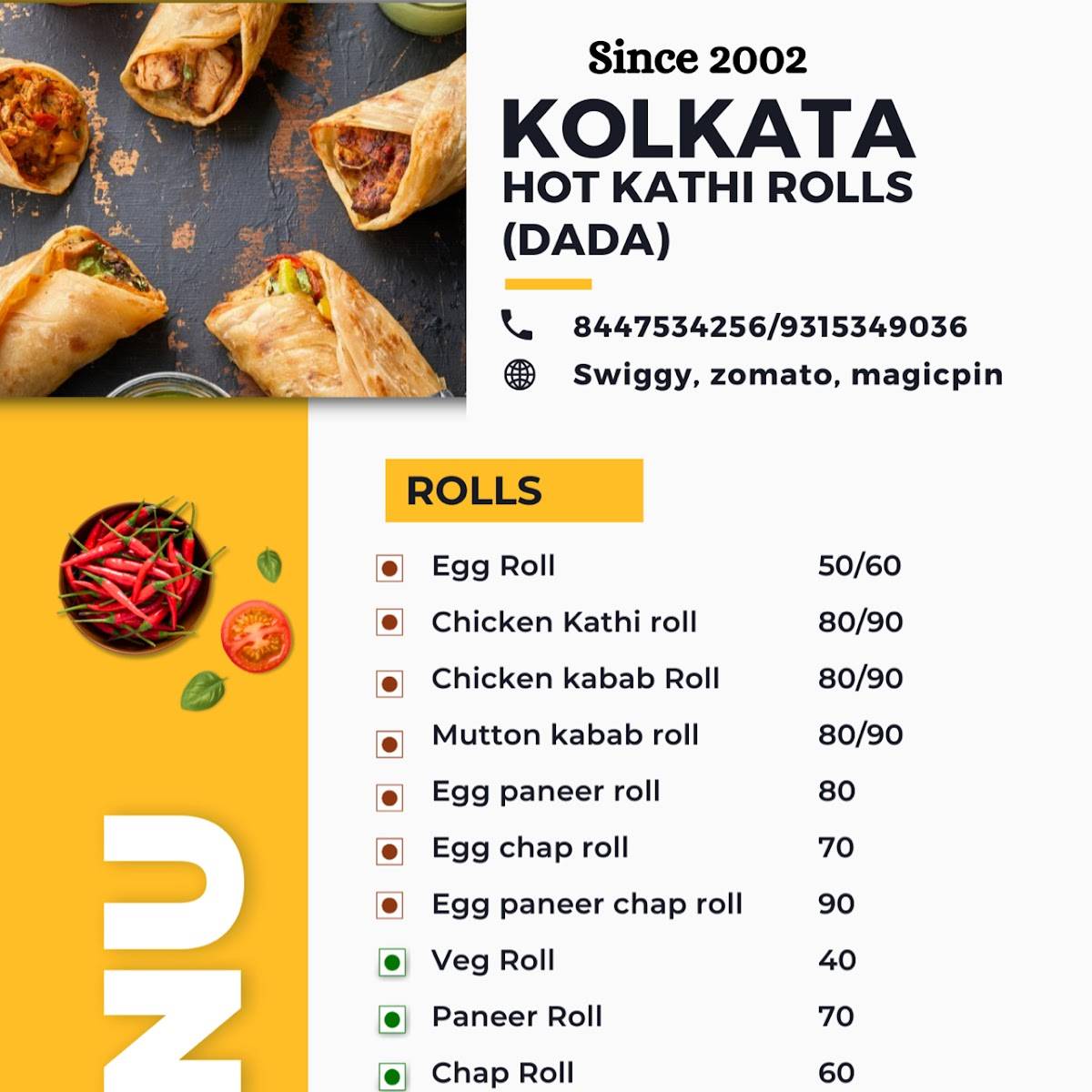 Kolkata Hot Kathi Rolls menu