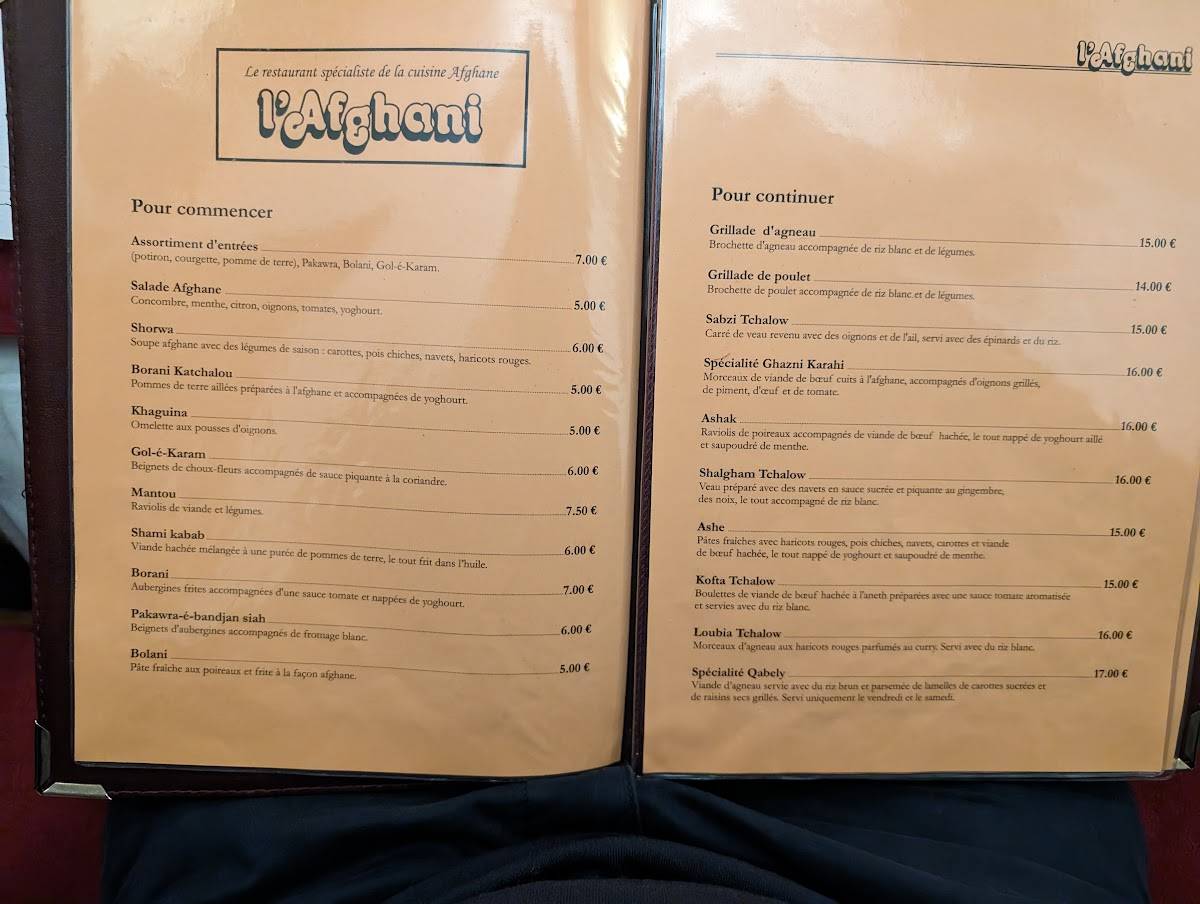 Menu de L'Afghani