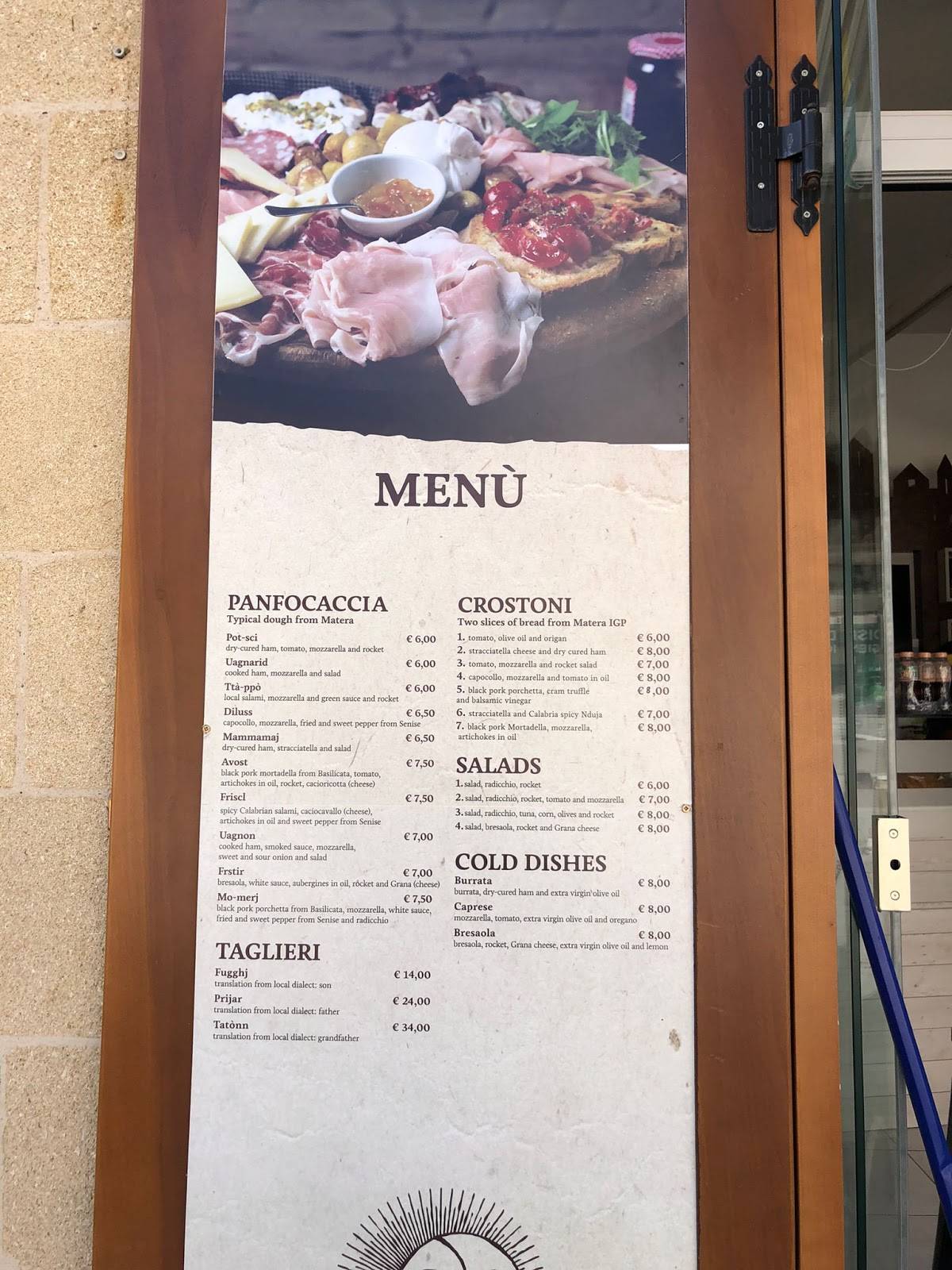 Menu da L'antica Credenza ristorante, Matera