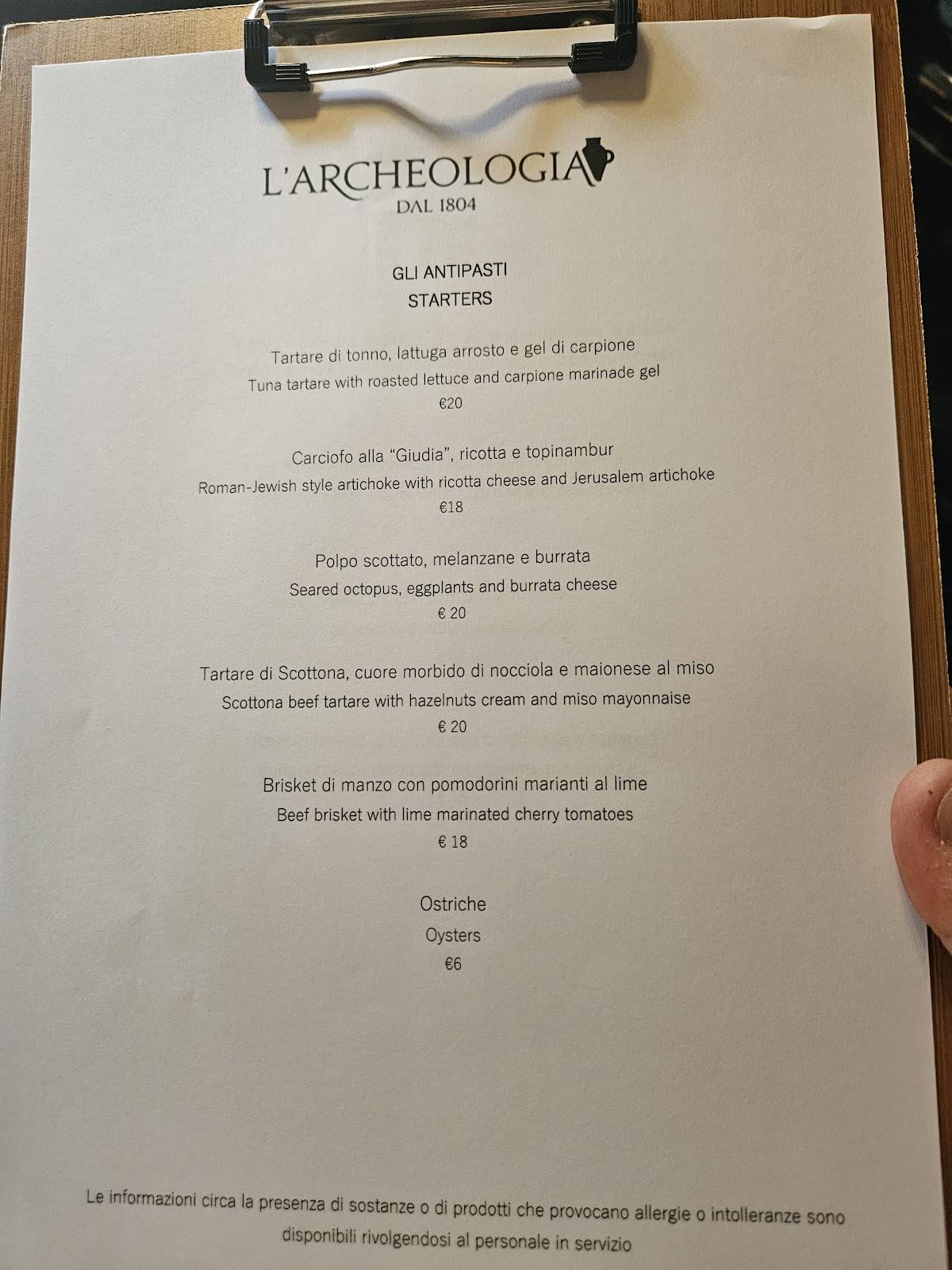 Menu di Ristorante L'Archeologia - dal 1804 Ristorante a Roma 
