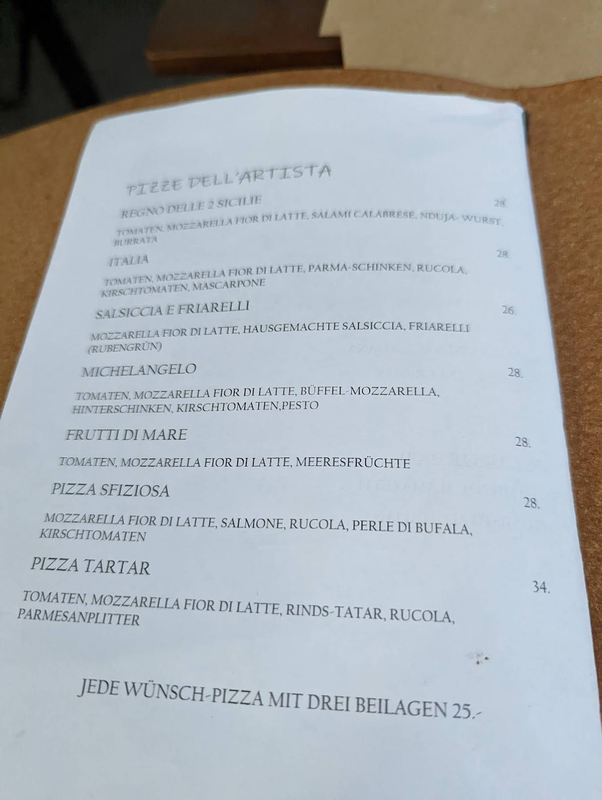 Carta de L'Artista ZürichLochergut, Pizza Napoletana, Zürich