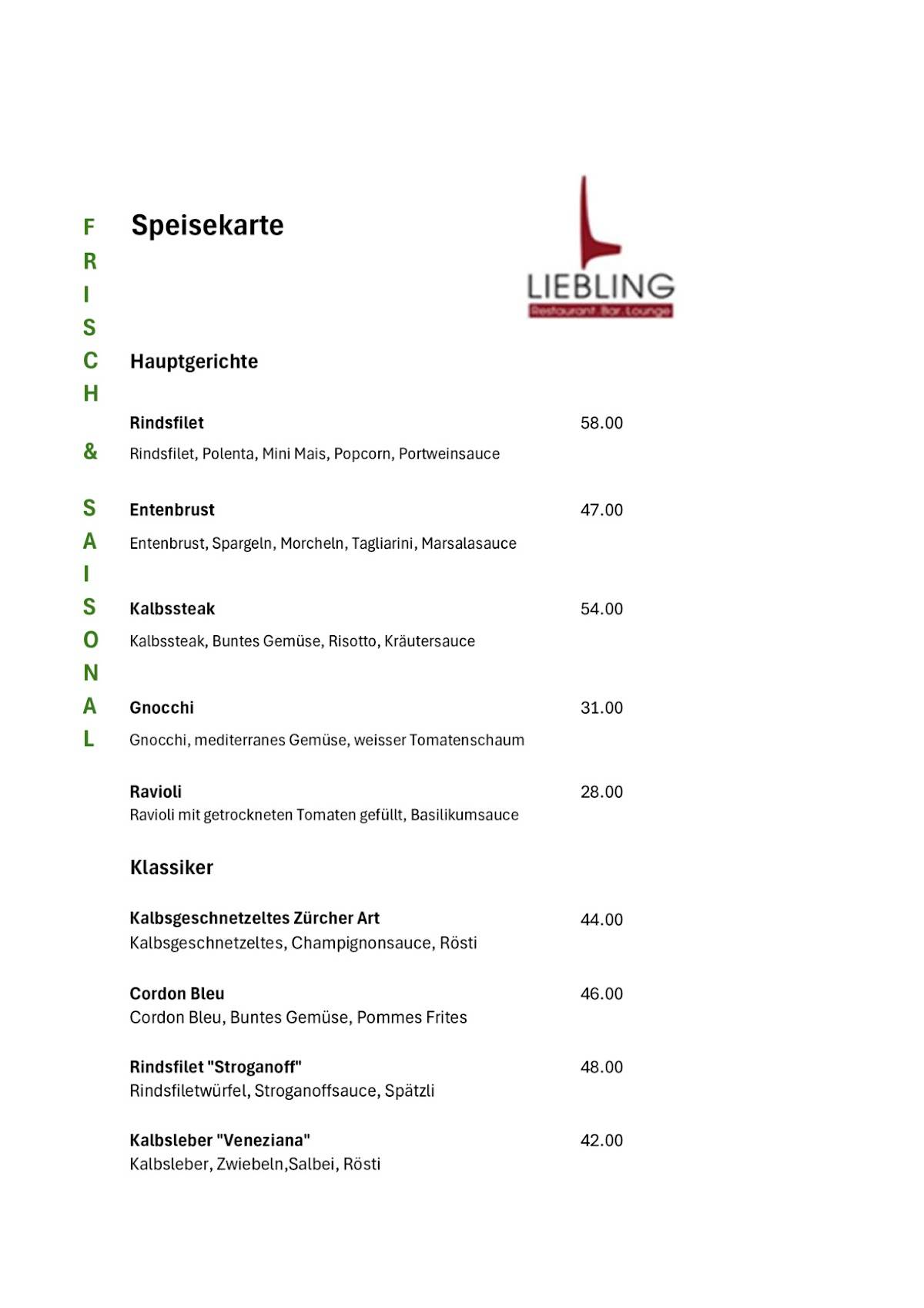 Menu di LIEBLING Restaurant.Bar.Lounge 