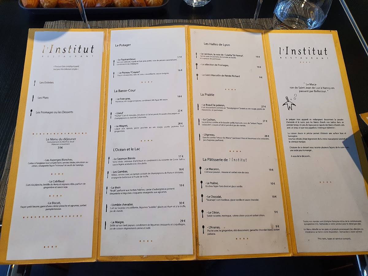 Menu at LInstitut Restaurant, Lyon, 20 Pl. Bellecour