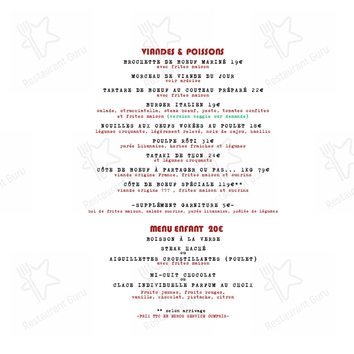 Menu pour La Cabane de La Terrasse de l'Étang - repas et boissons