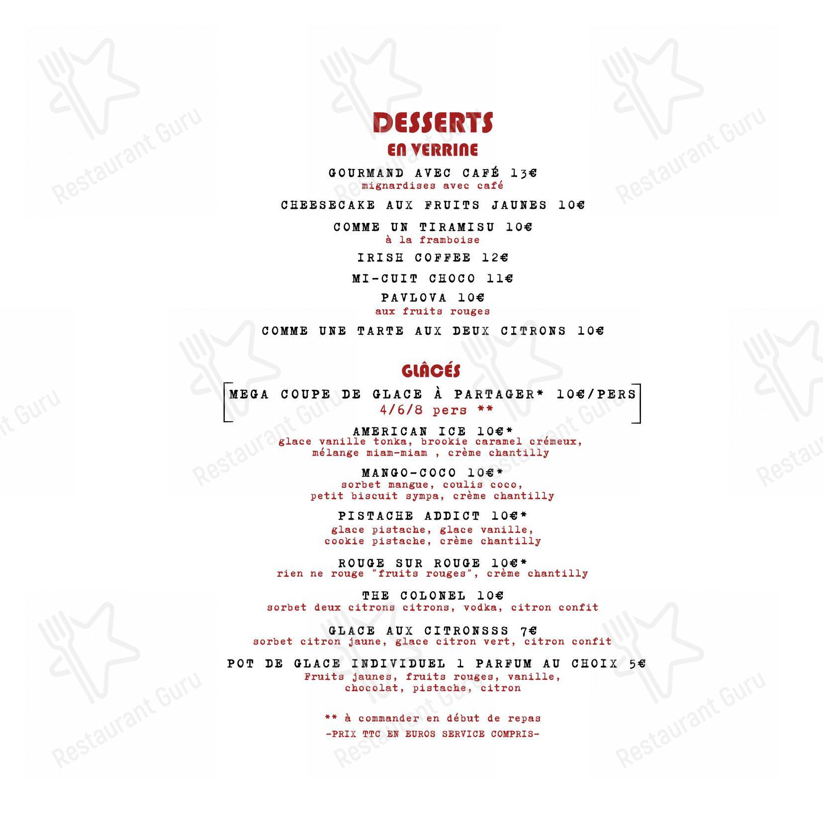 Menu bar pour La Cabane de La Terrasse de l'Étang restaurant