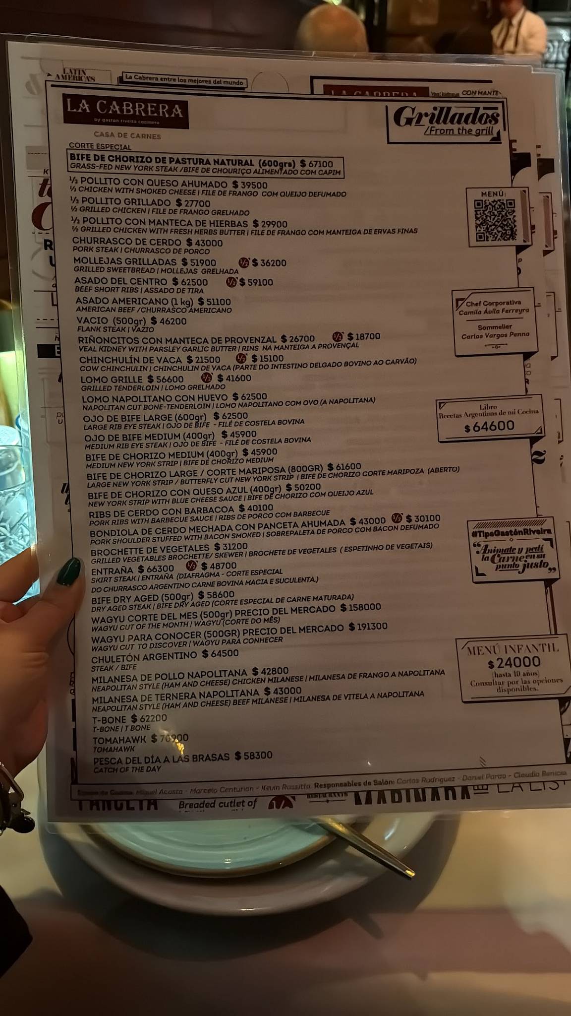 Menu at La Cabrera steakhouse, Buenos Aires, José A. Cabrera 5127