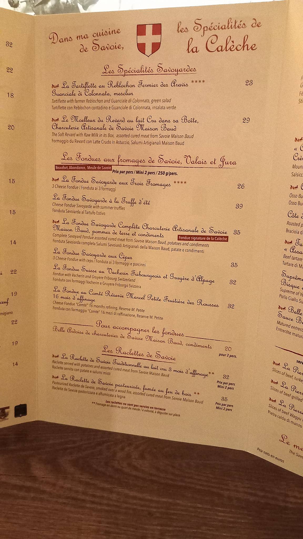 Menu de La Calèche