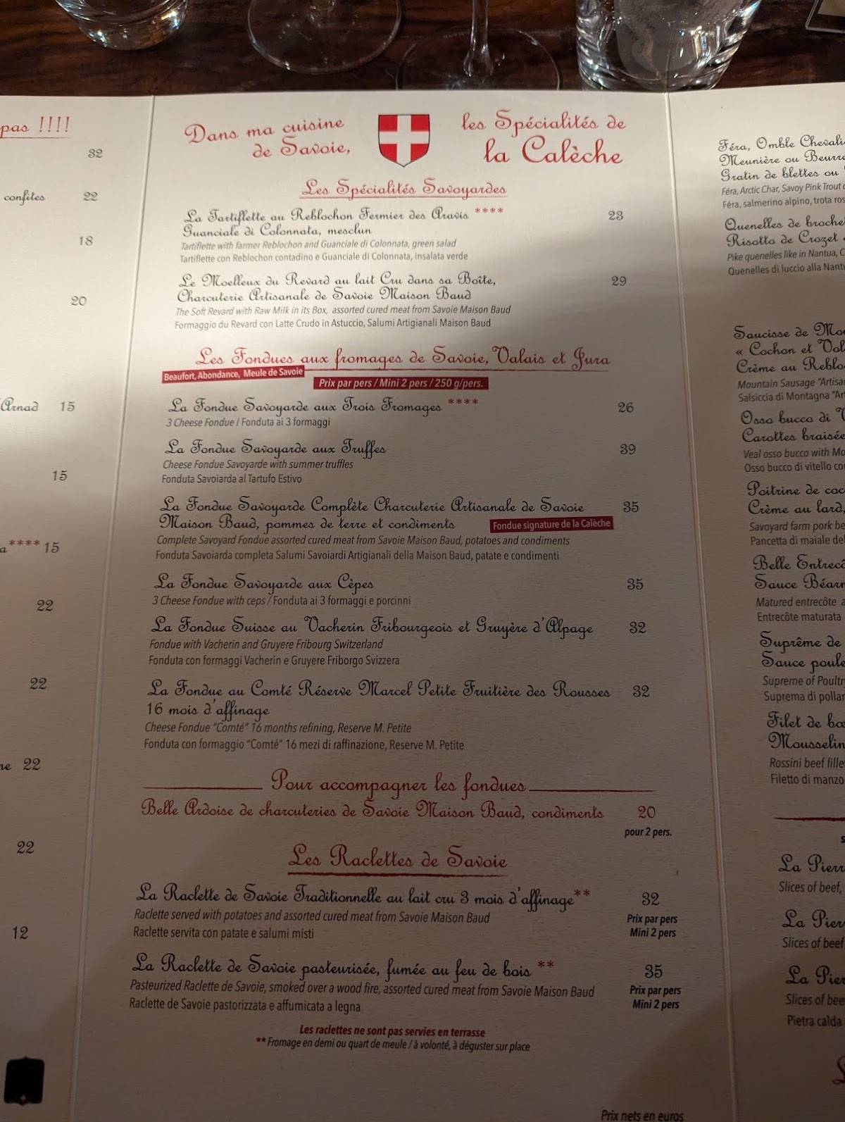 Menu de La Calèche