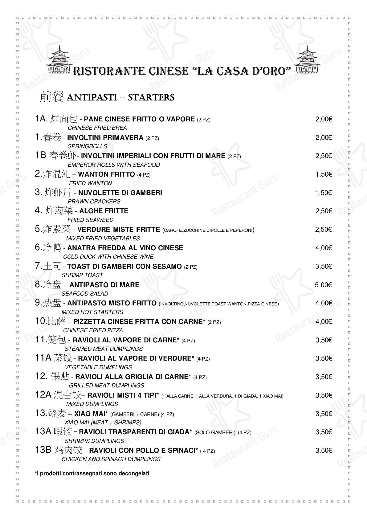 Menu per La Casa D'Oro ristorante