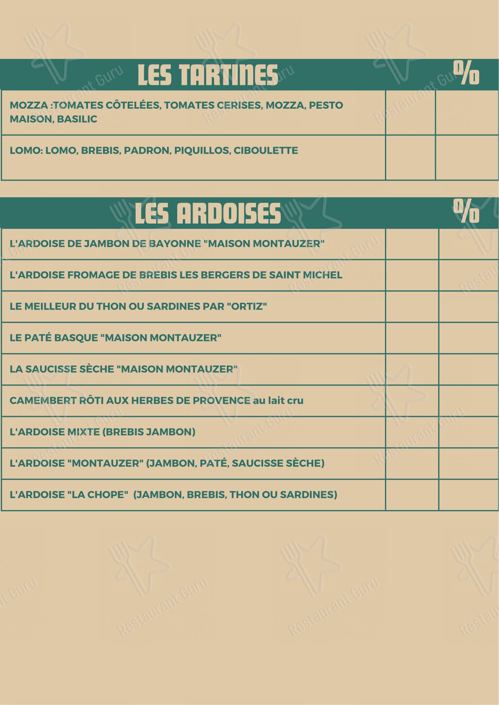 Menu pour La Chope - Menu
