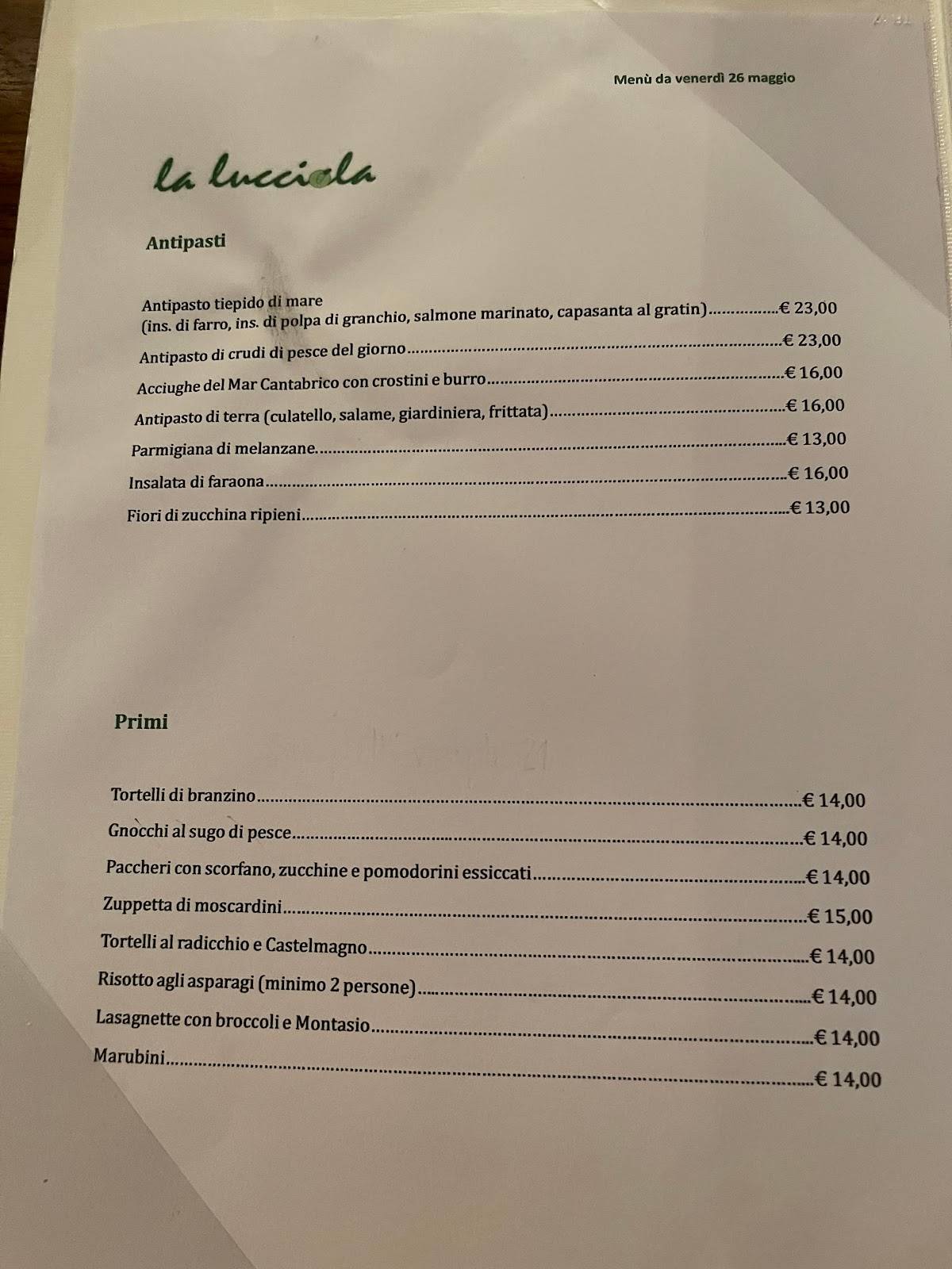 Menu di La Lucciola 