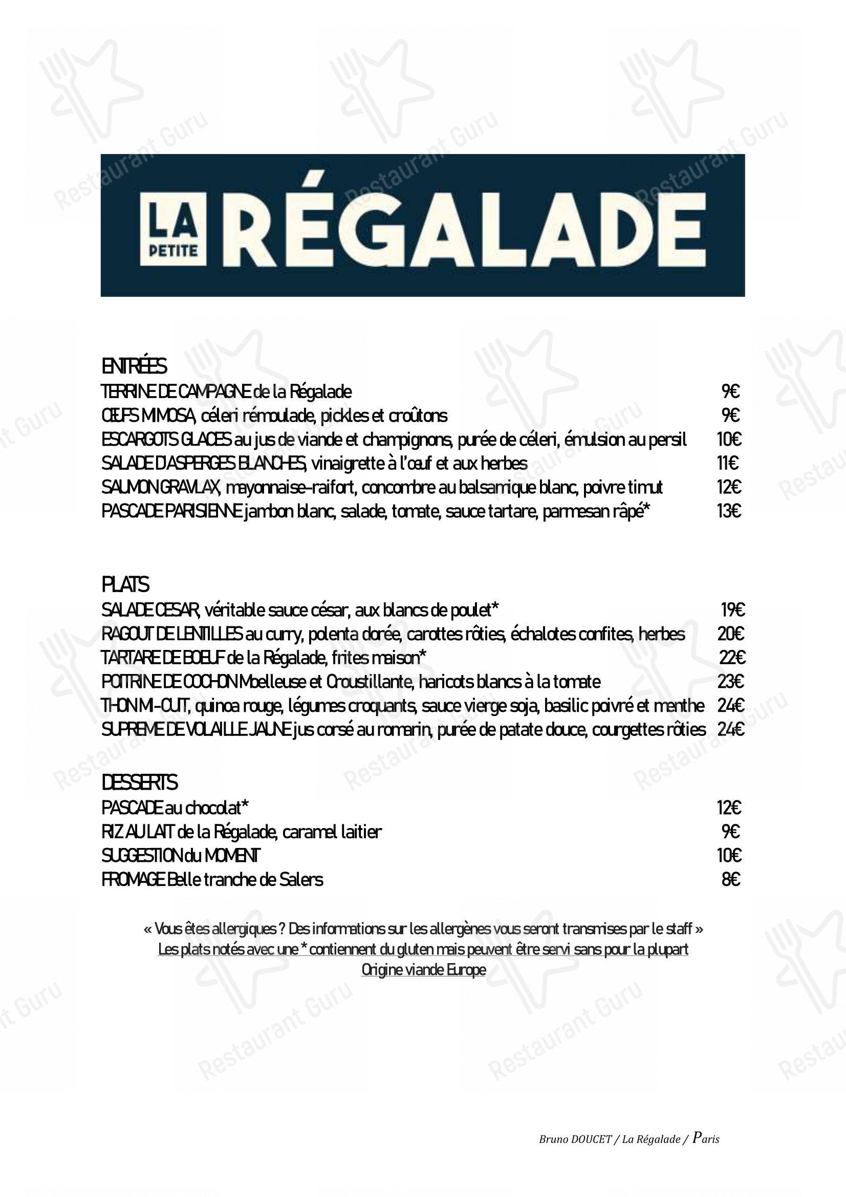 Menu pour La Petite Régalade dans Paris