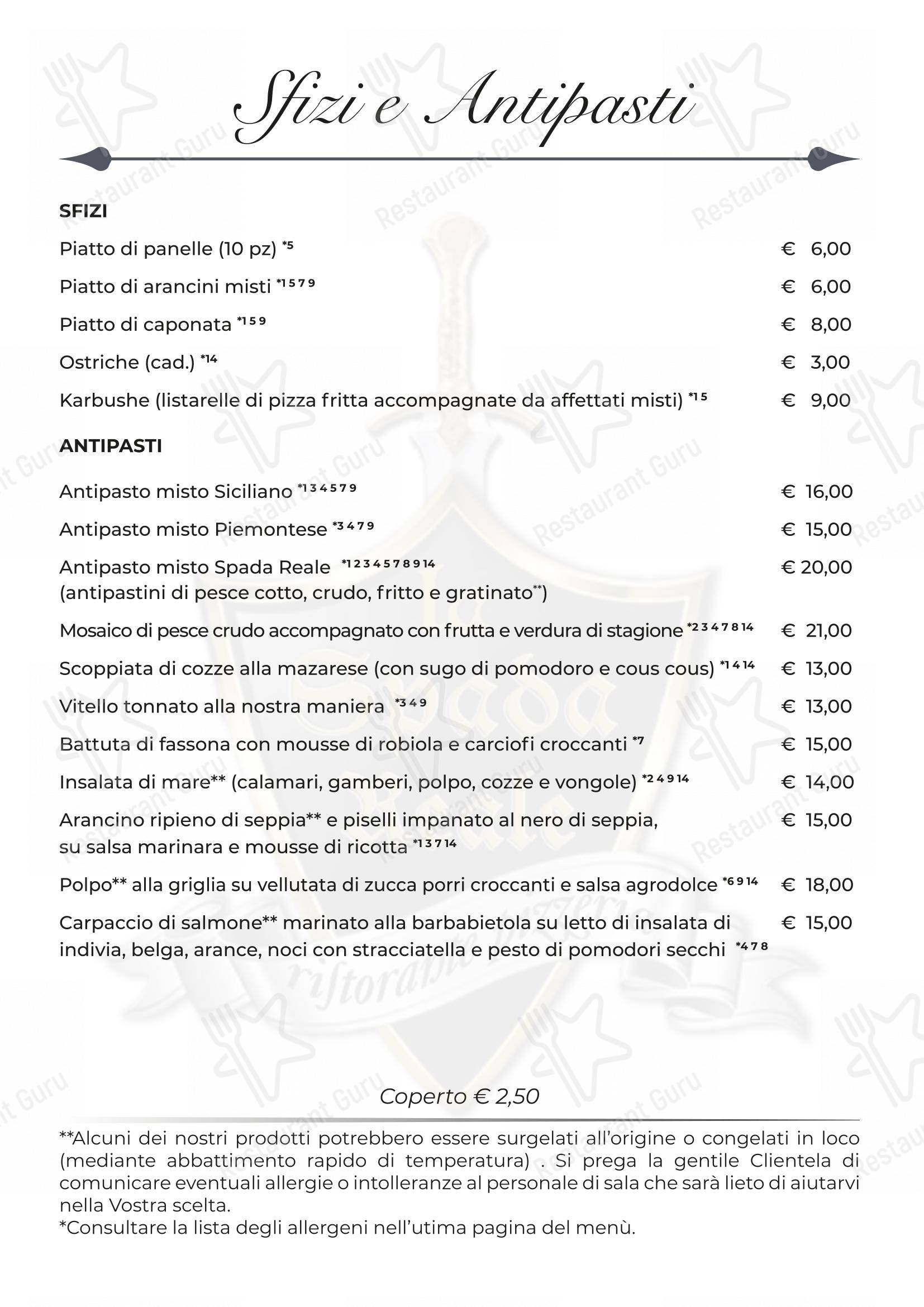 Menu per La Spada Reale in Torino