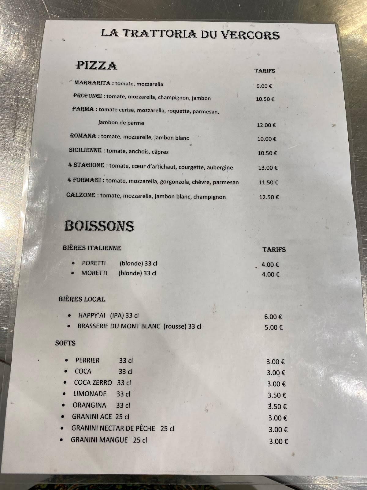 Menu au La Trattoria Du Vercors restaurant, Autrans