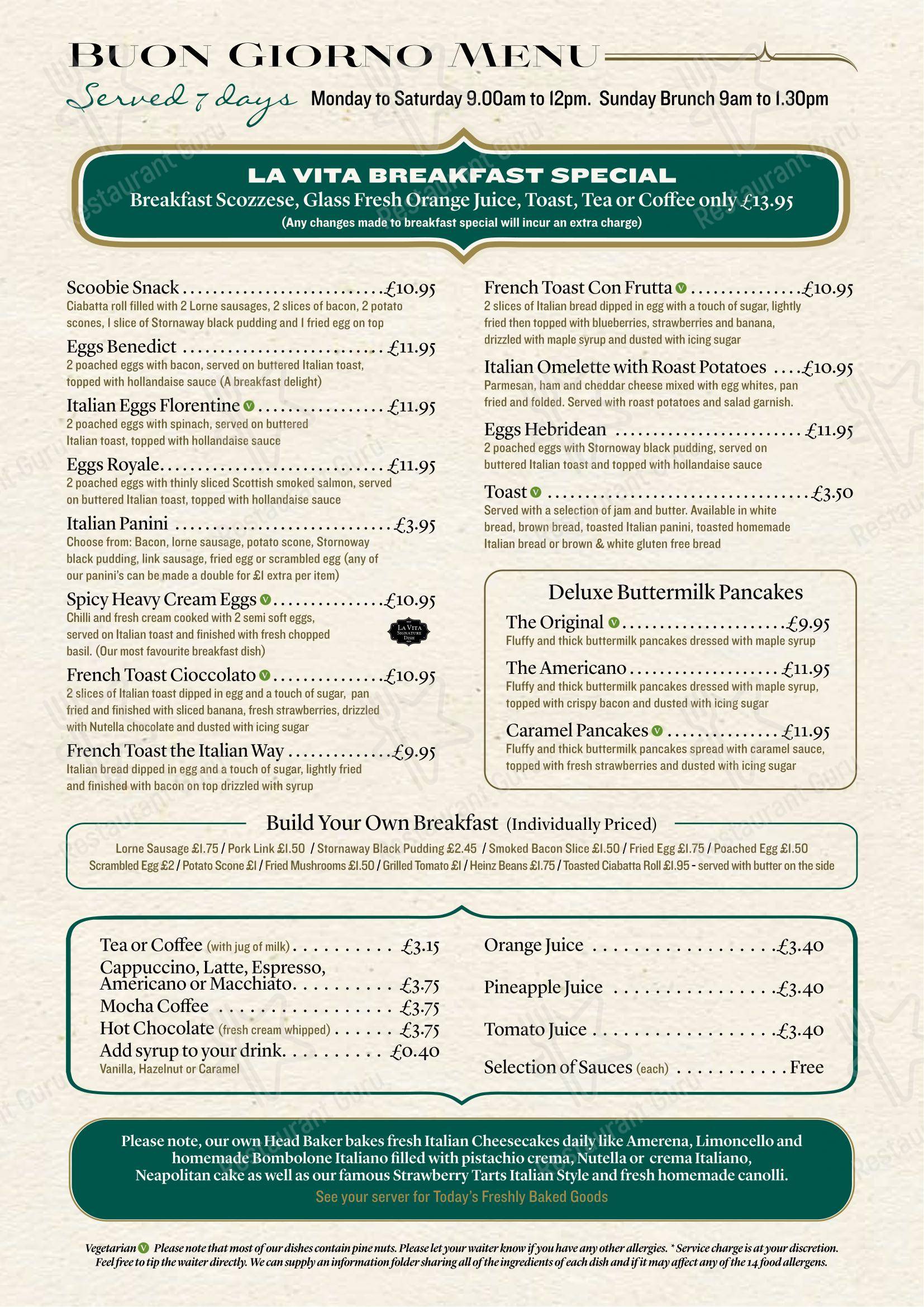 Menu at La Vita Barrachnie, Glasgow