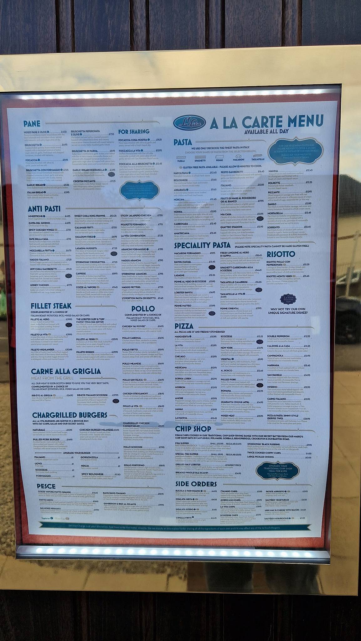 Menu at La Vita Barrachnie, Glasgow