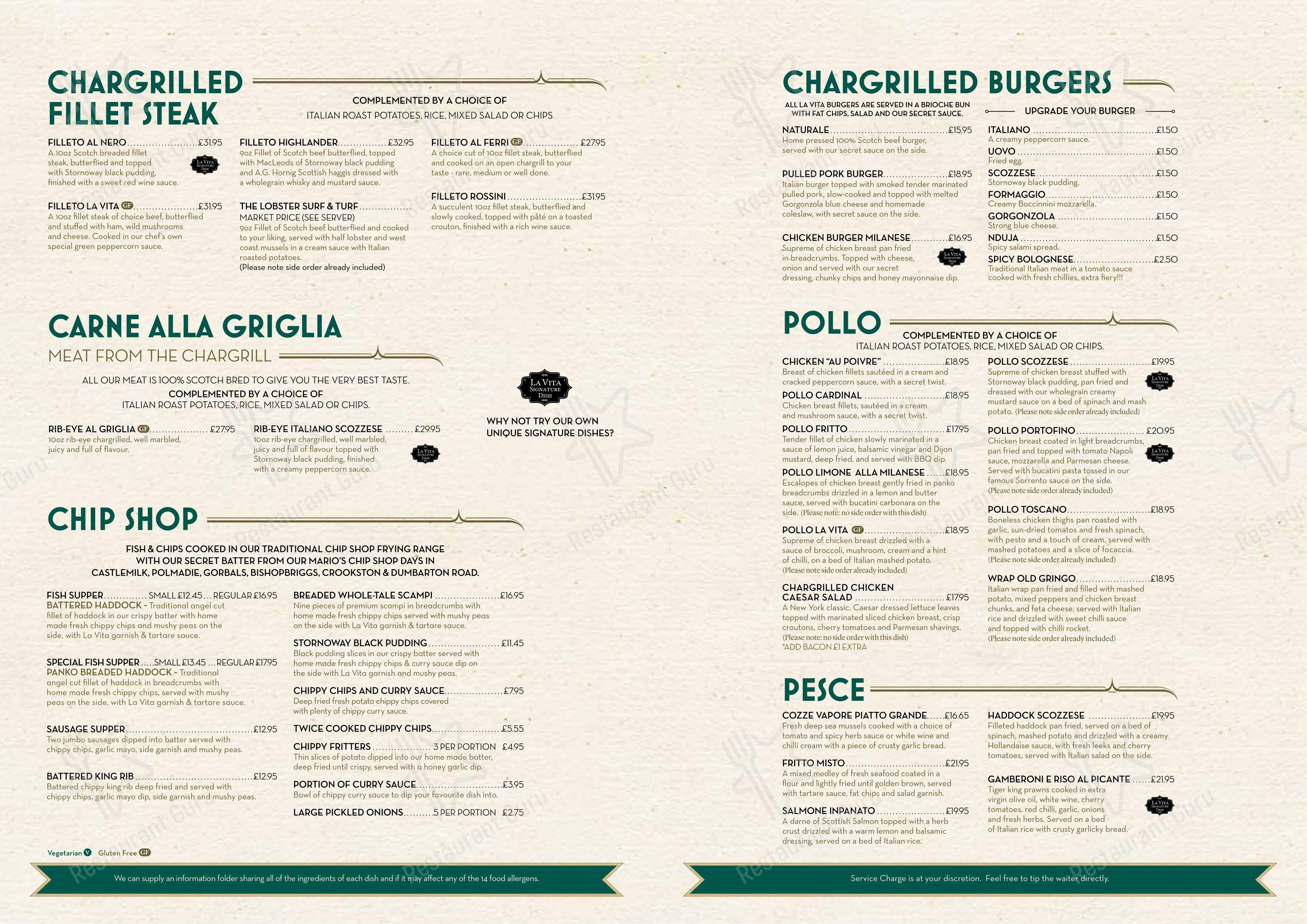 Menu at La Vita Barrachnie, Glasgow