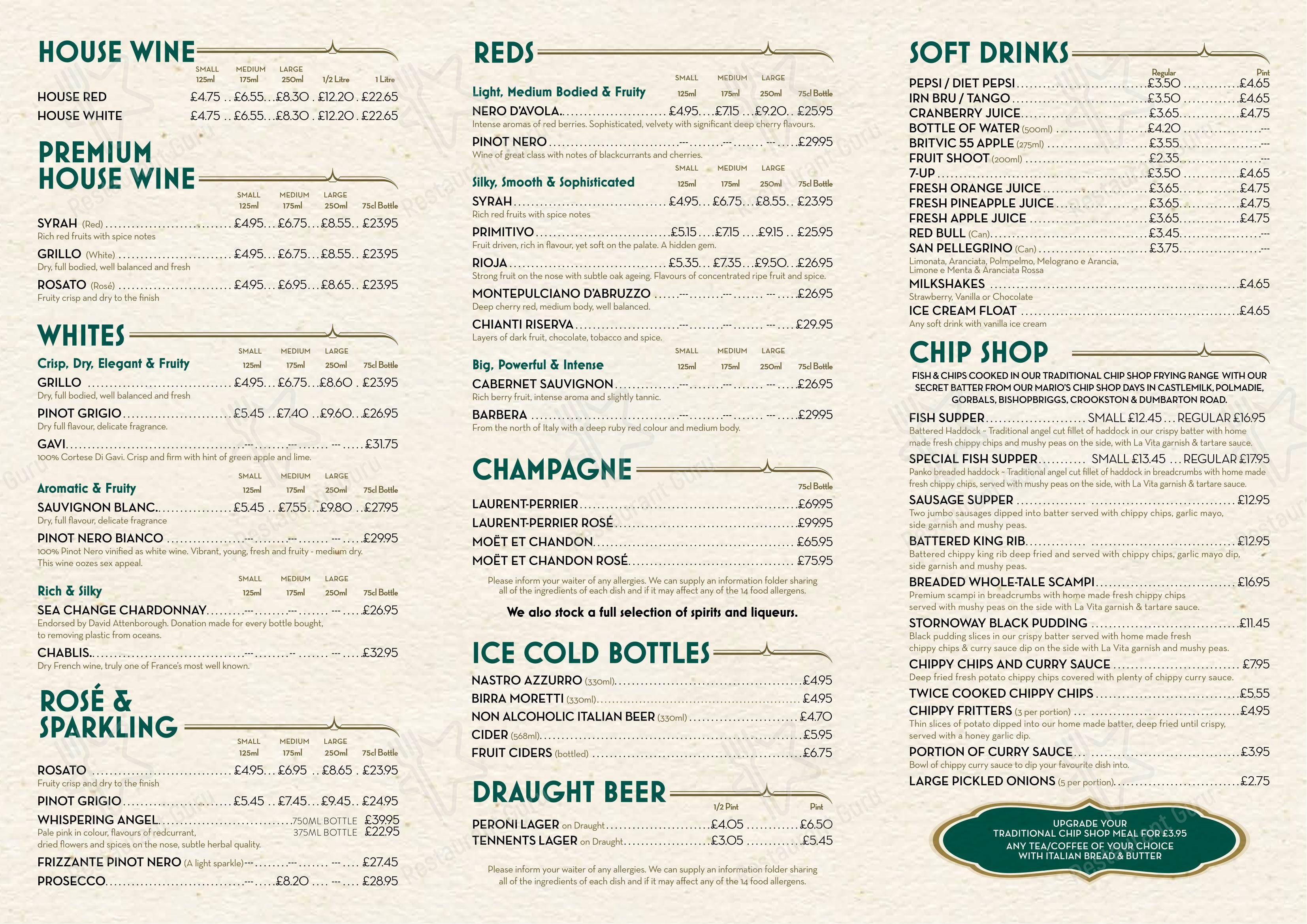 Menu at La Vita Barrachnie, Glasgow