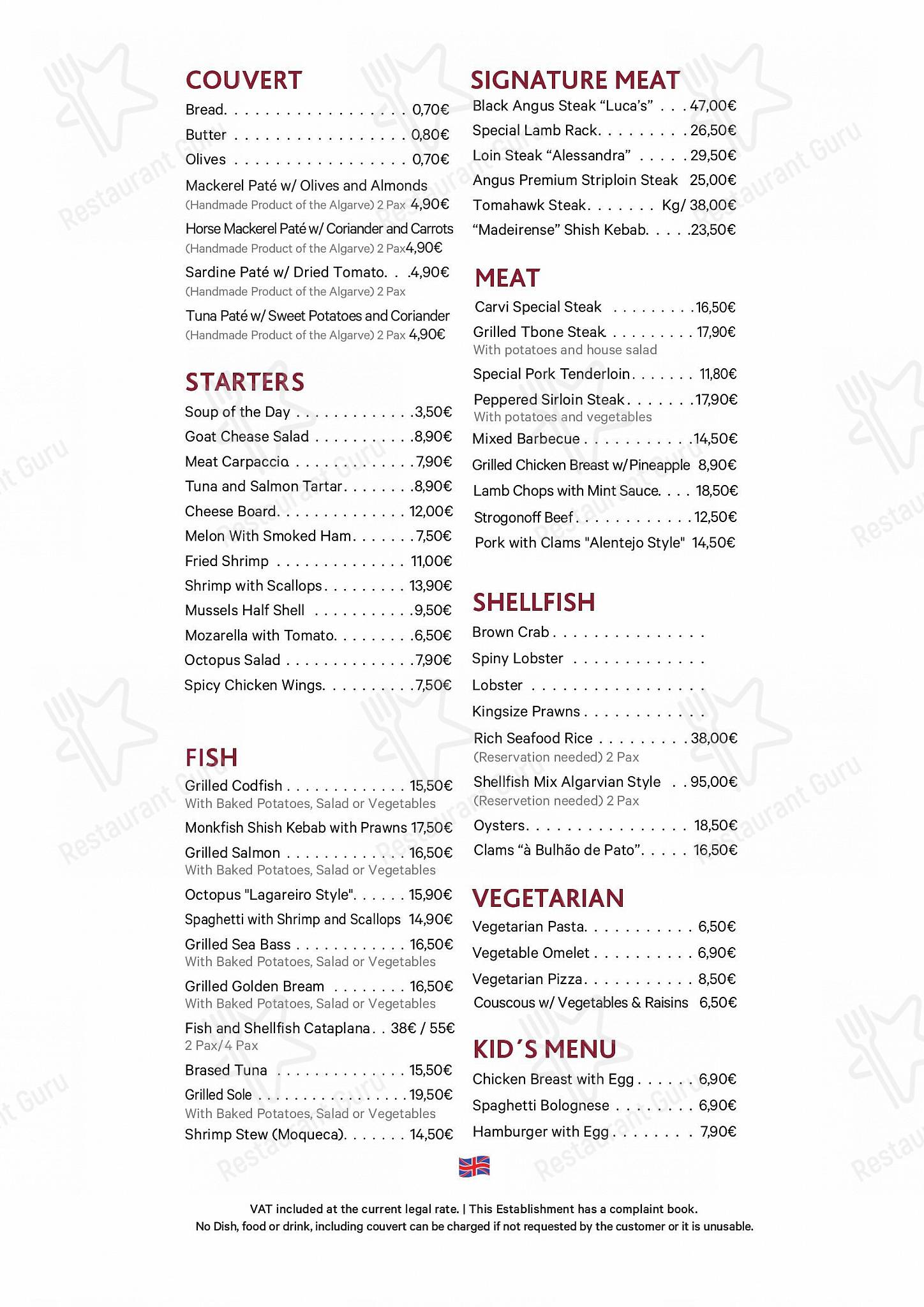 Menu at Luca’s Rooftop Restaurant, Lagos
