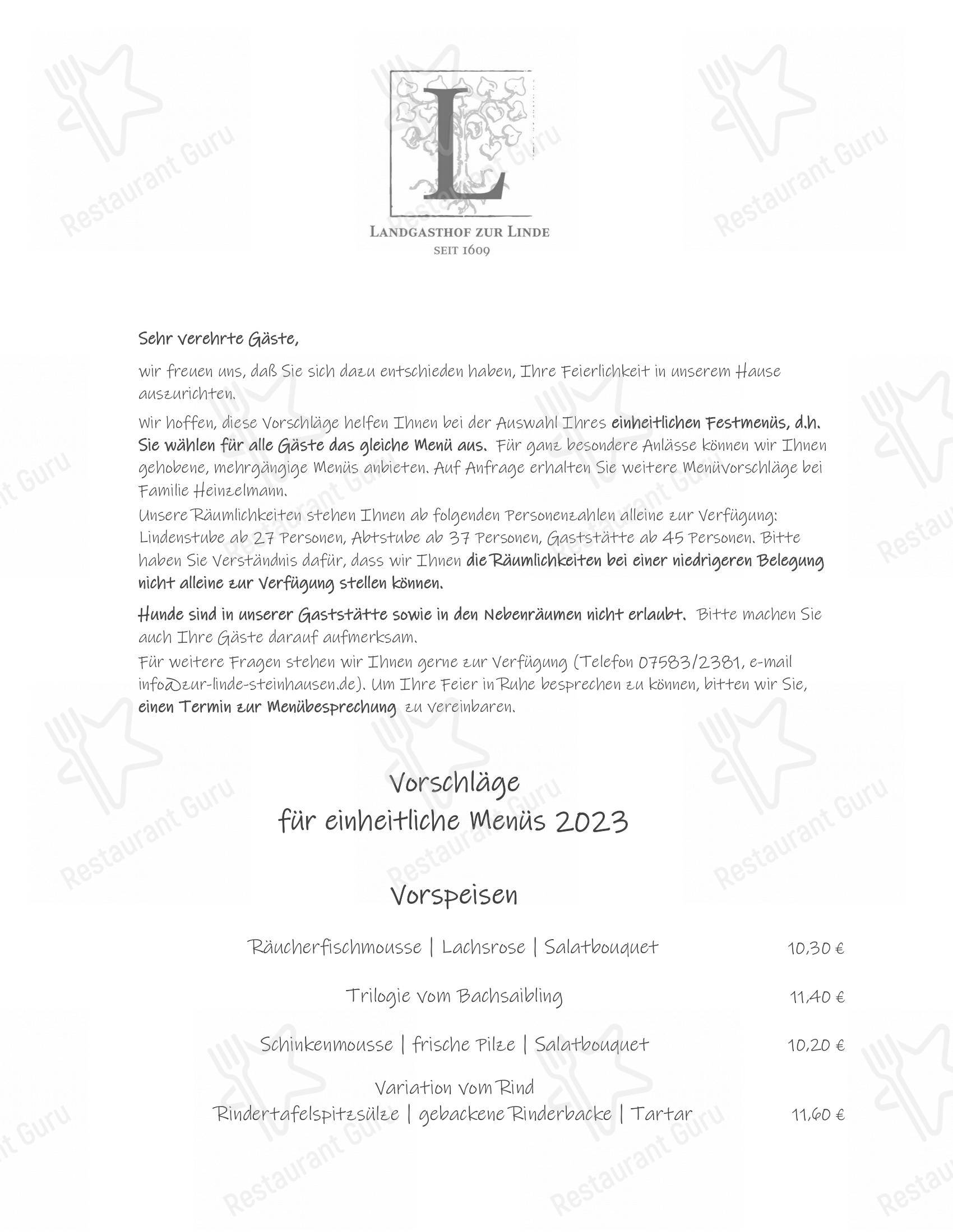 Speisekarte von Landgasthof zur Linde restaurant, Bad Schussenried