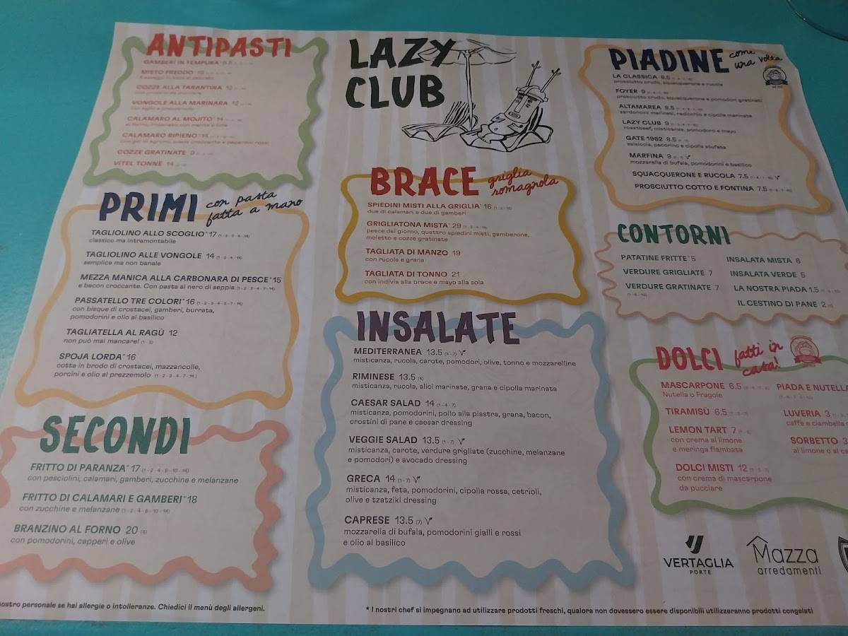 Menu di Lazy Club Rimini - Ristorante di Pesce 