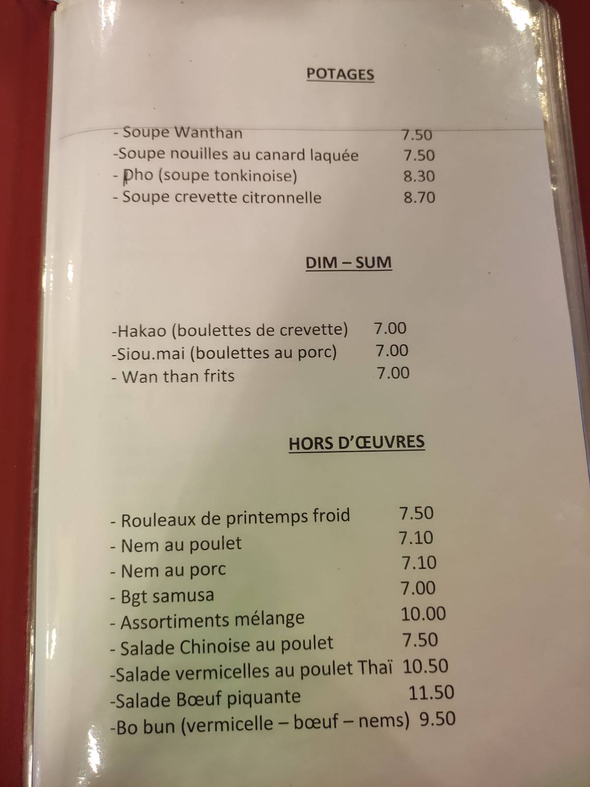 Menu de Le Lotus