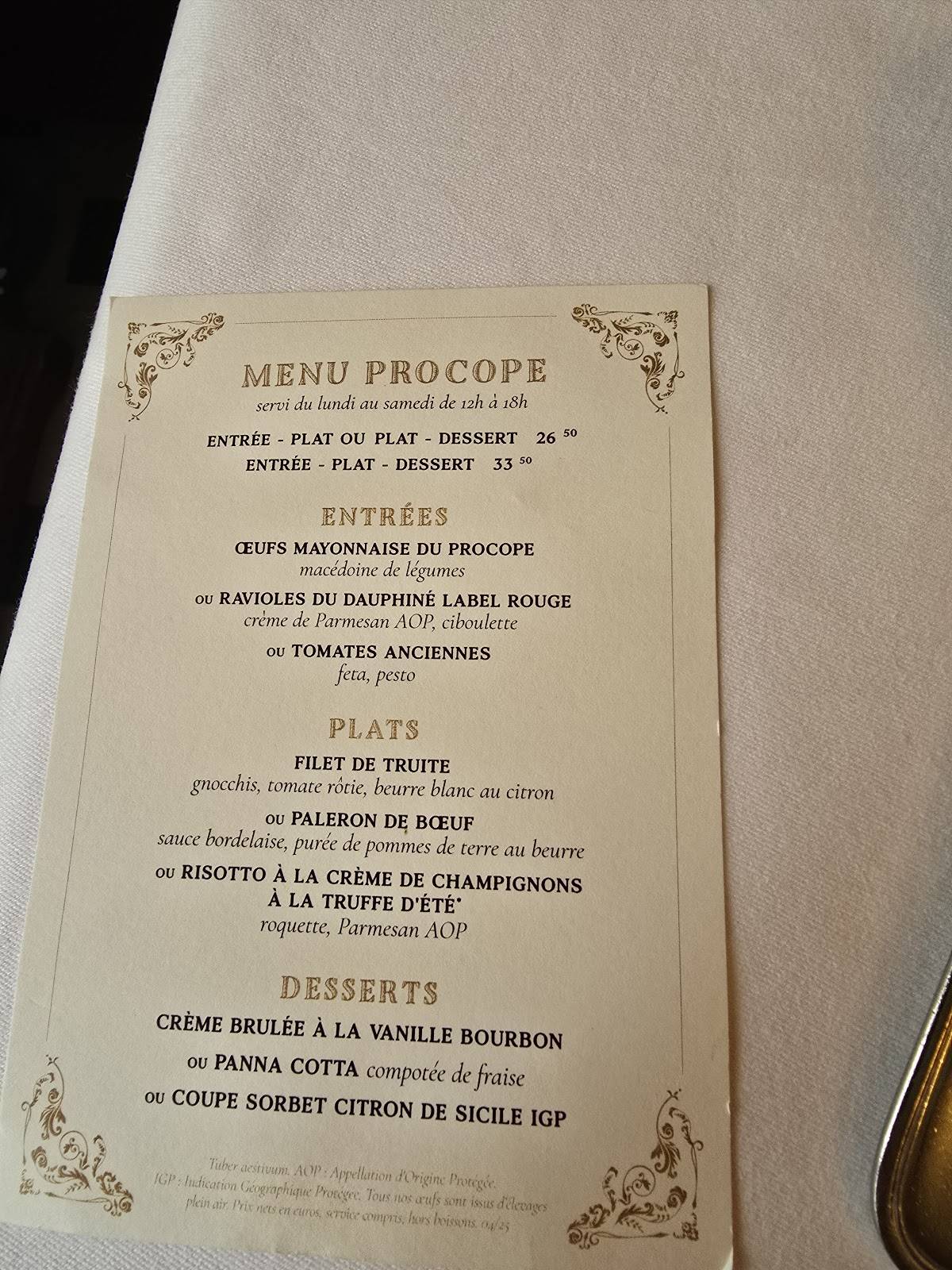Menu de Le Procope