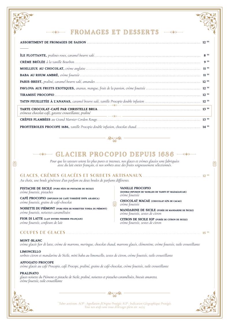 Menu de Le Procope
