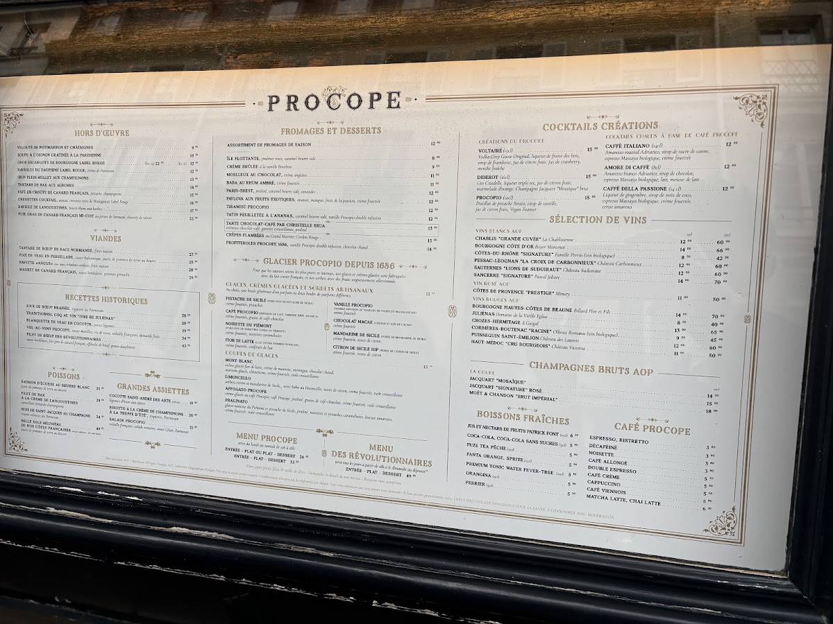 Menu de Le Procope