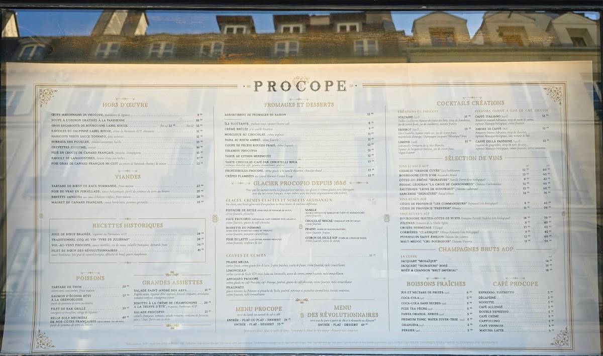 Menu de Le Procope