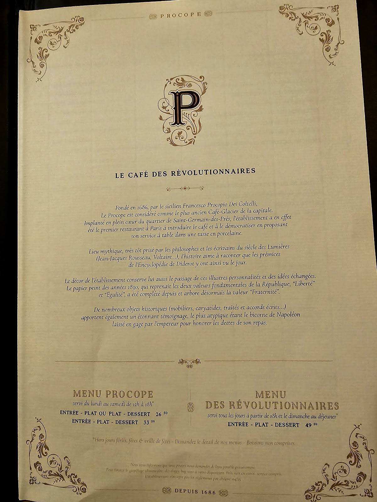 Menu de Le Procope