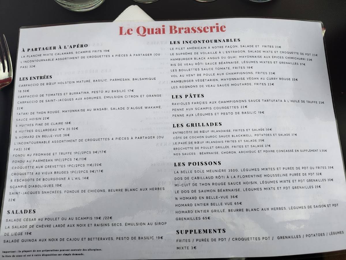 Menu de Le Quai Brasserie