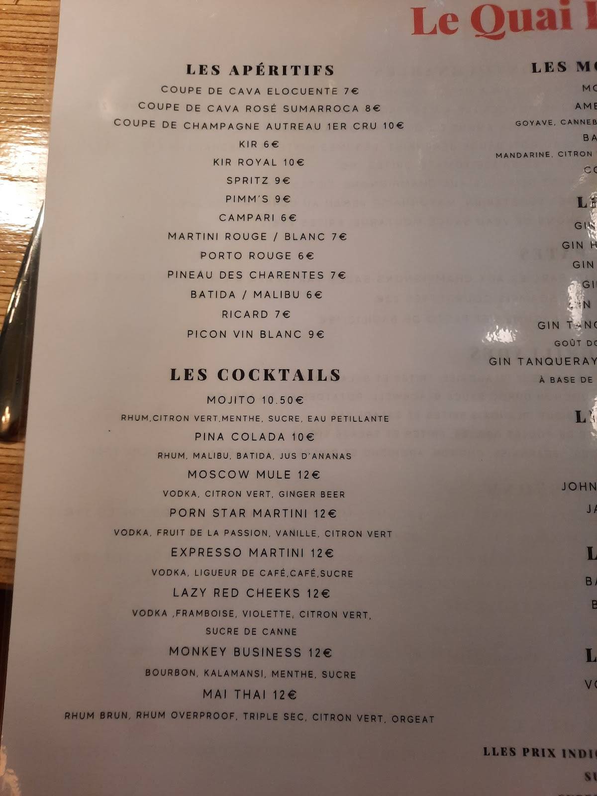 Menu de Le Quai Brasserie