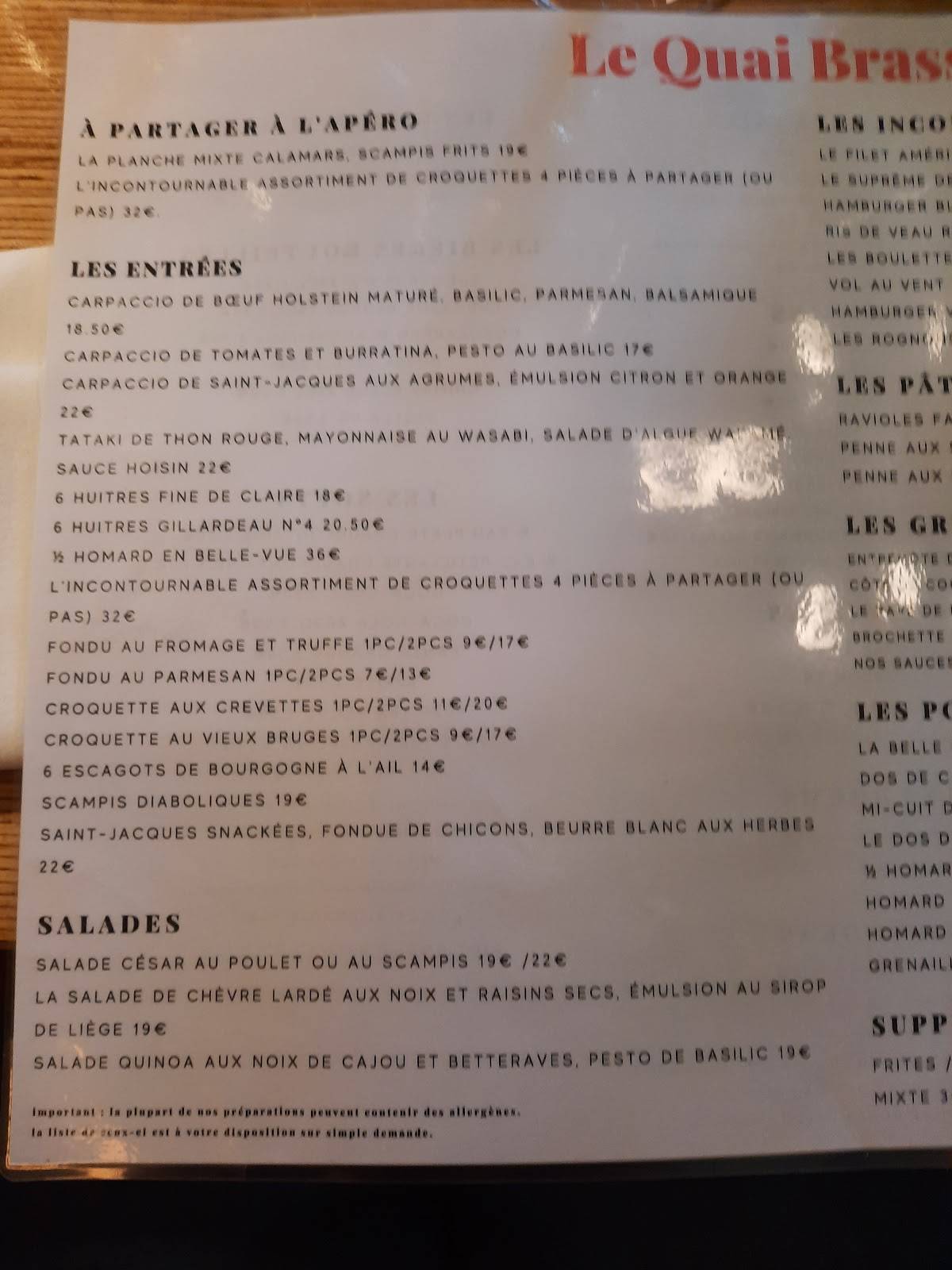 Menu de Le Quai Brasserie