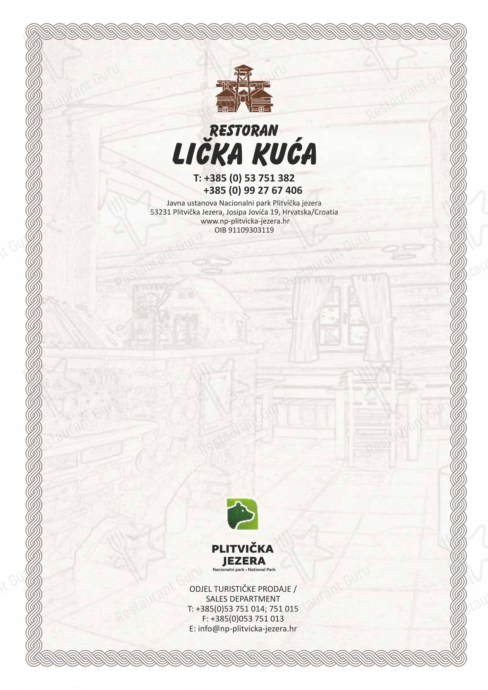 Menu pour Lička kuća Restaurant - Plitvice Lakes restaurant