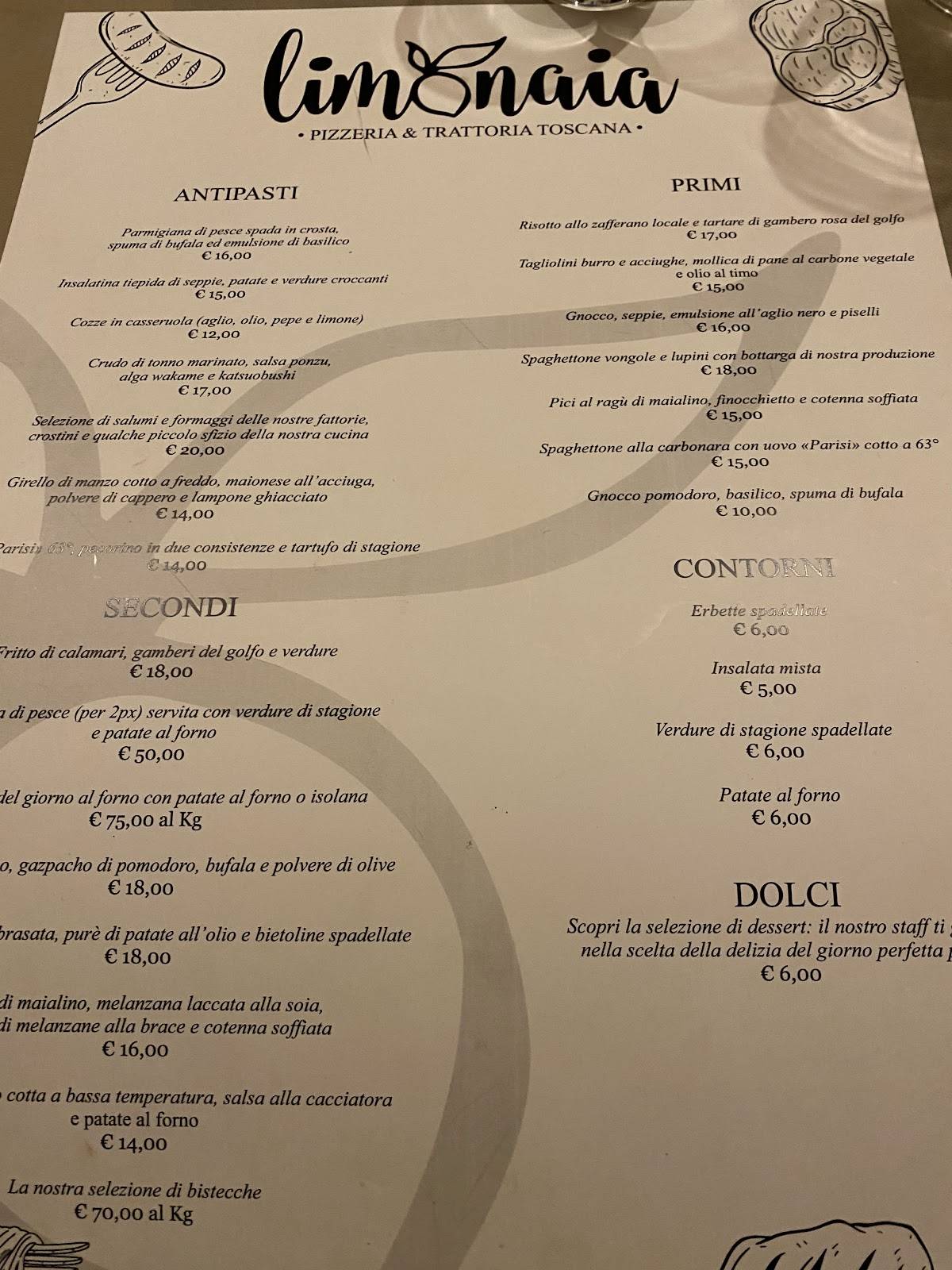 Menu di Limonaia Pizzeria e Trattoria Toscana 