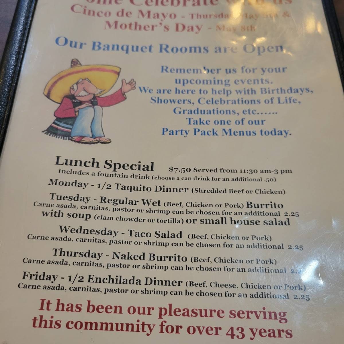 Menu at Little Manuel's restaurant, Antioch