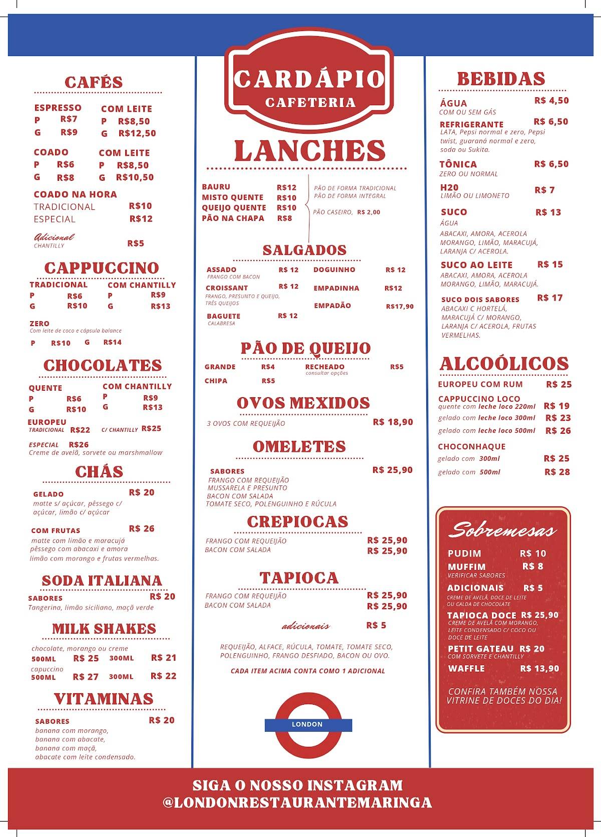 London Restaurante e Cafeteria cardápio