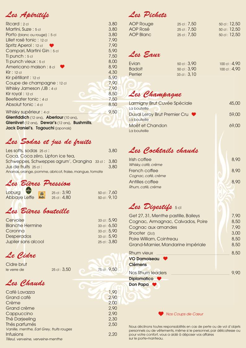 Menu de Restaurant L'Avenue
