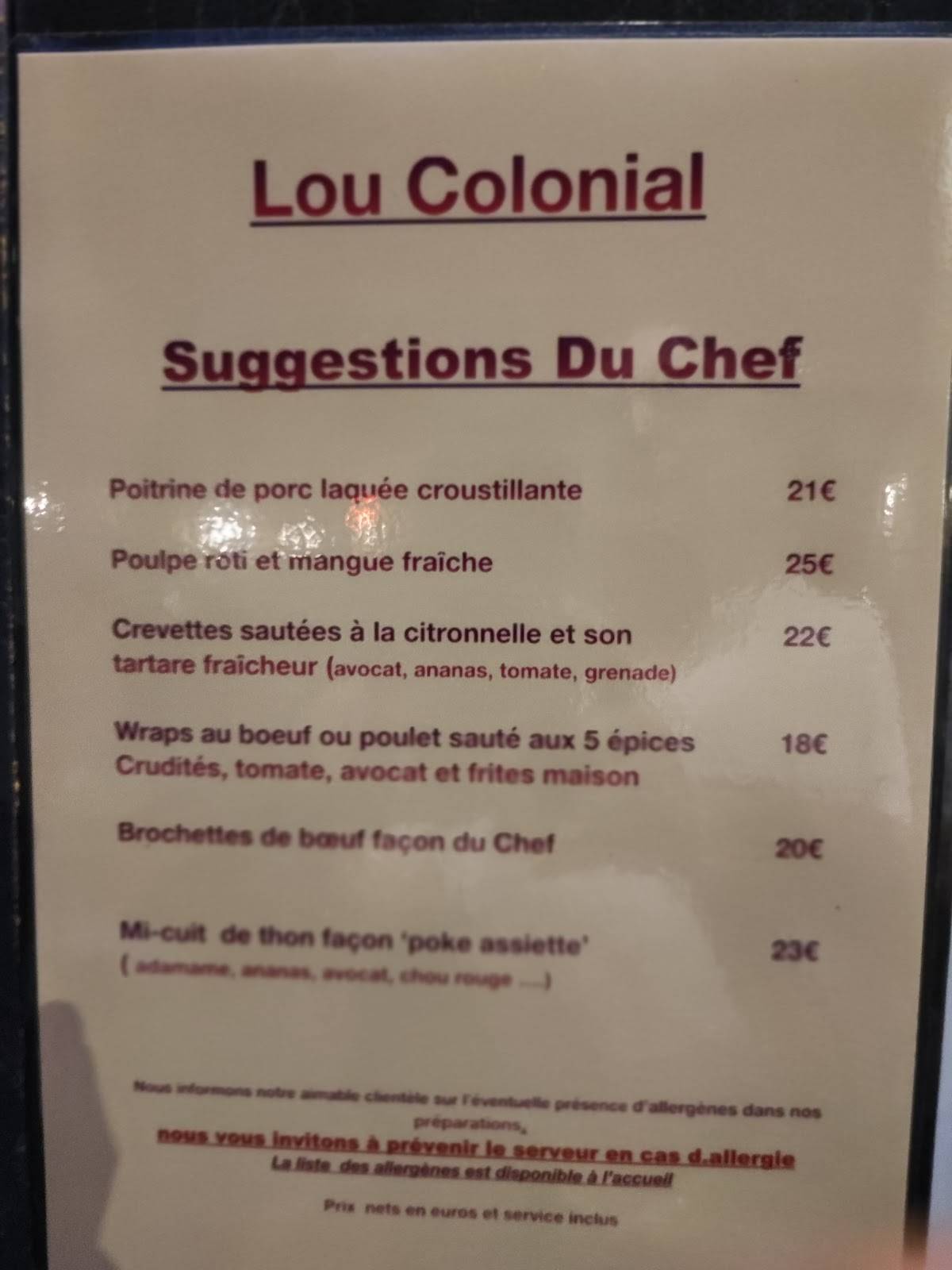 Menu de Lou Colonial