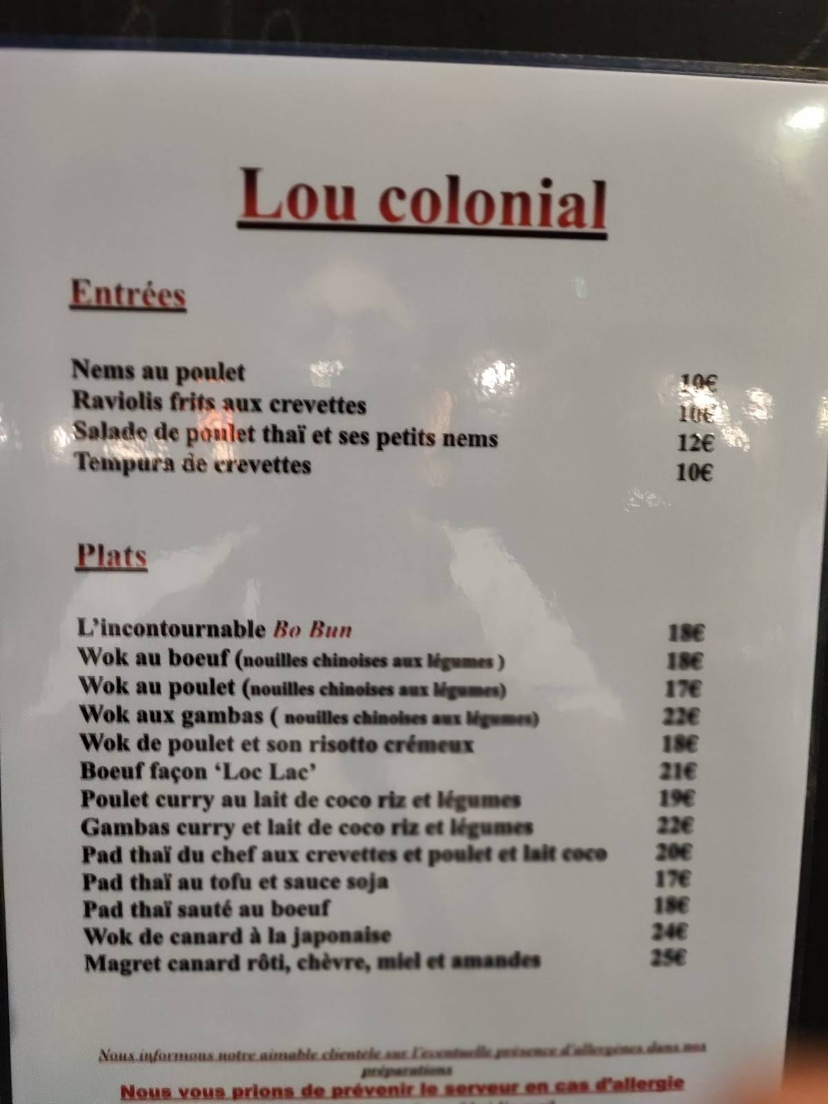 Menu de Lou Colonial
