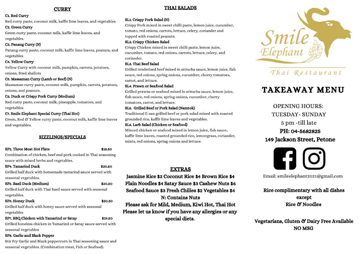 Menu at Smile Elephant Thai Restaurant, Lower Hutt